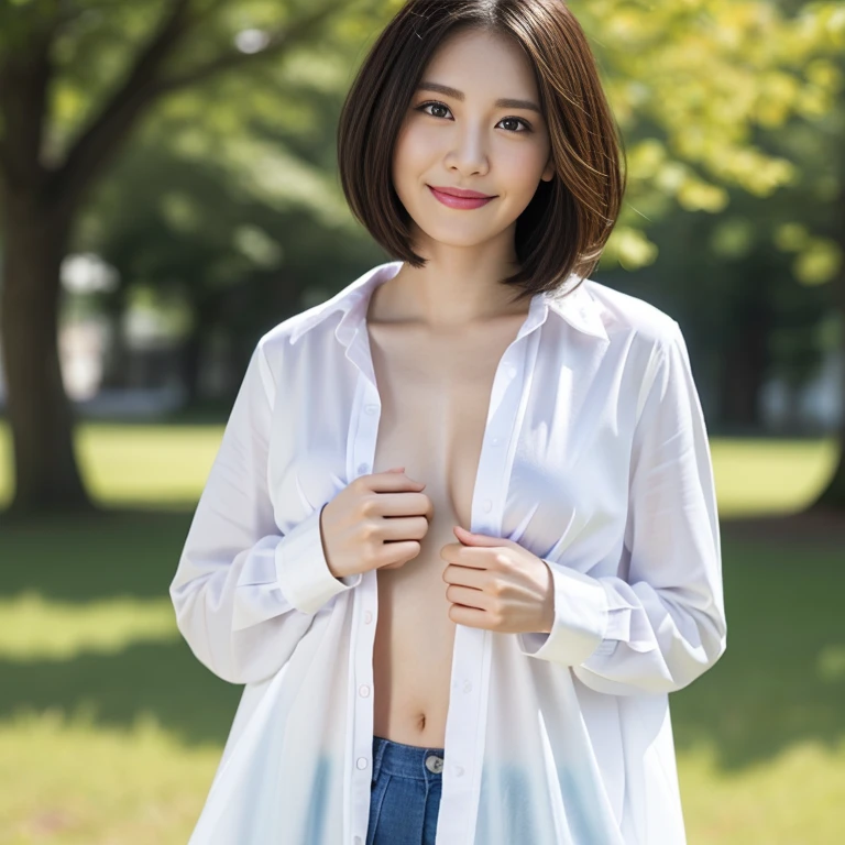 (highest quality、Tabletop、8k、Best image quality、Award-winning works)、e schone、Perfect beautiful composition、(Uniform shirt with a wide open chest:1.1)、(Unbutton your shirt、Small bare breasts fully exposed:1.5)、(Very short hair:1.1)、Slender body、(A shy smile looks at me:1.1)、(Strongly blurred park background:1.1)、Natural Makeup、Ultra-high definition beauty face、Ultra HD Hair、Ultra-high definition sparkling eyes、(Pure white skin shining in ultra-high resolution:1.1)、Ultra-high quality glossy lips、Accurate anatomy、Ultra HD Hair、(Very bright:1.1)