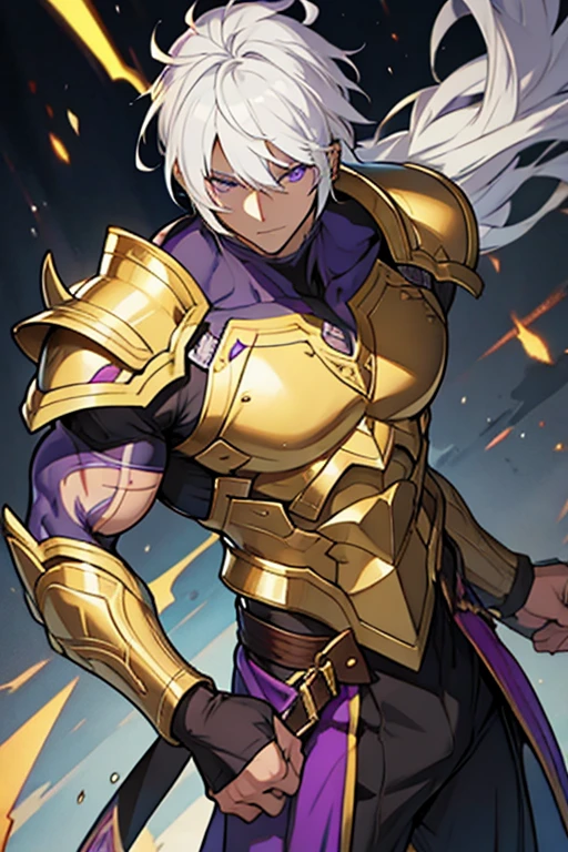 Muscular 30 year old man white hair purple eyes golden armor with scars