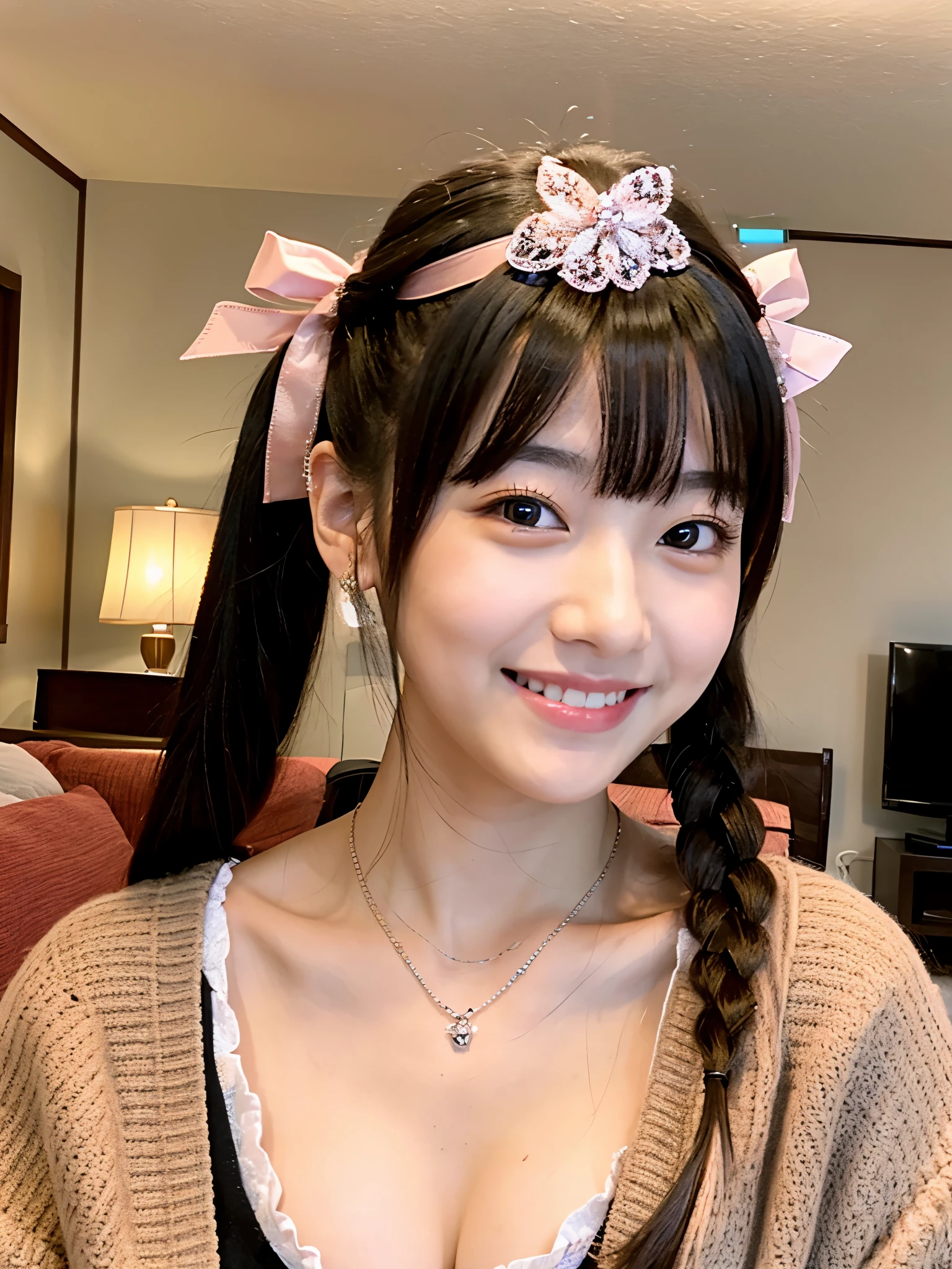 Cute face like an 18-year-old idol Smiling Kindly Japanese Gothic Lolita Cosplay Her hairstyle is twin tails. Cleavage morning Hotel Living Room (whole body) RAW Photos High resolution Genuine Live Action Accurate depiction Realistic