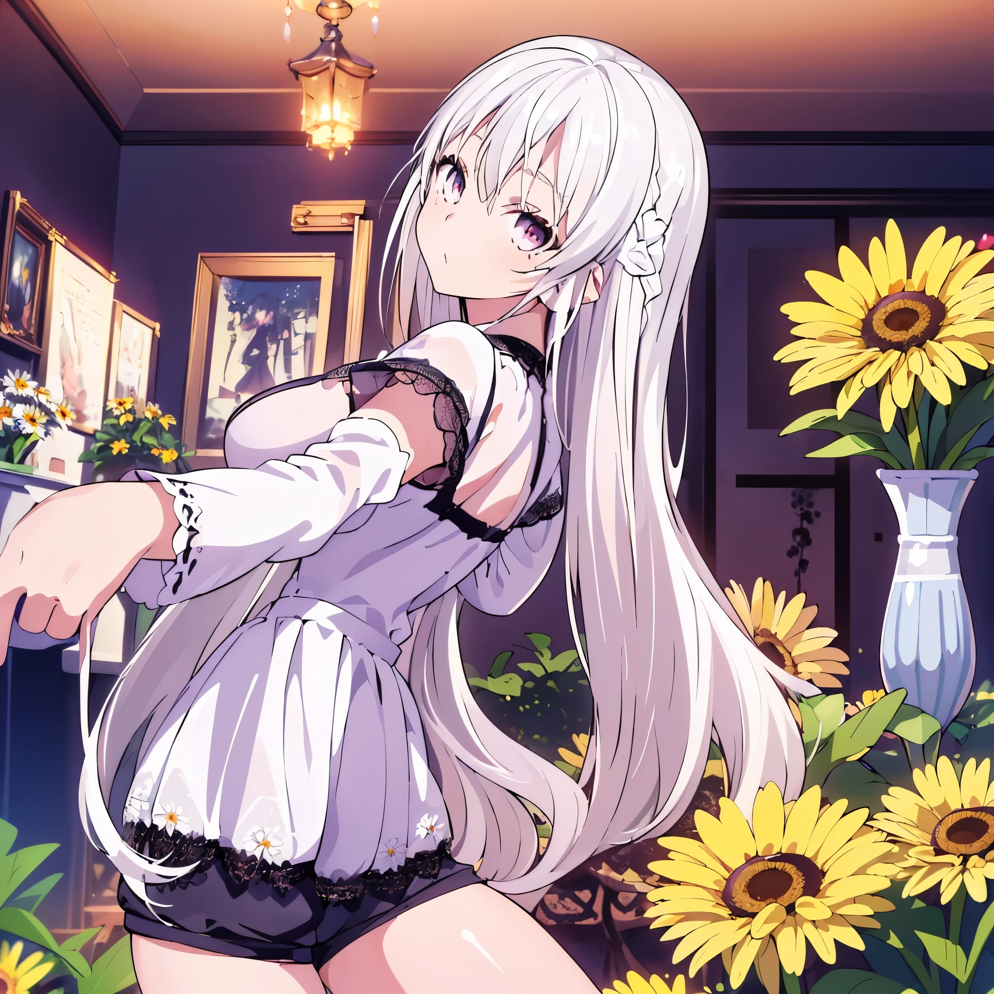 (((masterpiece)))、(((best quality)))、(((high resolution)))、((selfie))、((looking at viewer、room))、((((1girl))))、(big breasts:1.3)、((leaning forward))、((((blacklace tops))))、(((daisy duke shorts)))、(((scrawny : 0.7)))、(((((white hair)))))、(((middle hair)))、((happy))