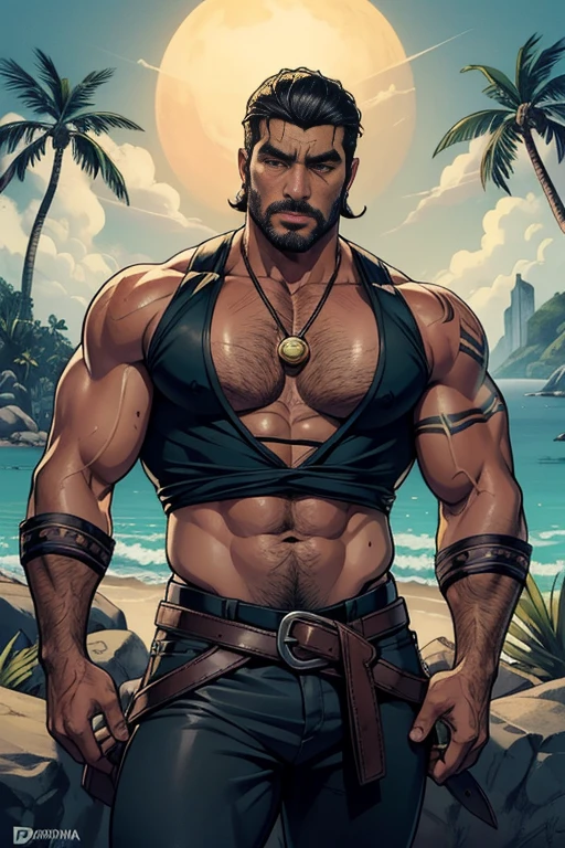 An illustrated poster for the film, hand drawn, cor cheia, um homem explorador, 25 anos de idade, wearing pirate pants and a lace-up shirt, lembra um jovem Lou Ferrigno, pele bronzeada ao sol, Rosto redondo, Average height, ombros largos, barriga macia, Um pouco gordinho, olhos castanhos profundos, nariz largo e bulboso, cabelo preto, curly taper fade, sobrancelhas grossas e espessas, peito extremamente peludo, stomach, and arms, lots of body hair, posando em uma floresta tropical, pele molhada para ouvir, sombras duras, sombreamento de grafite, stencil marks, retouched acrylic ink, Obra de arte, no estilo de Skyrim