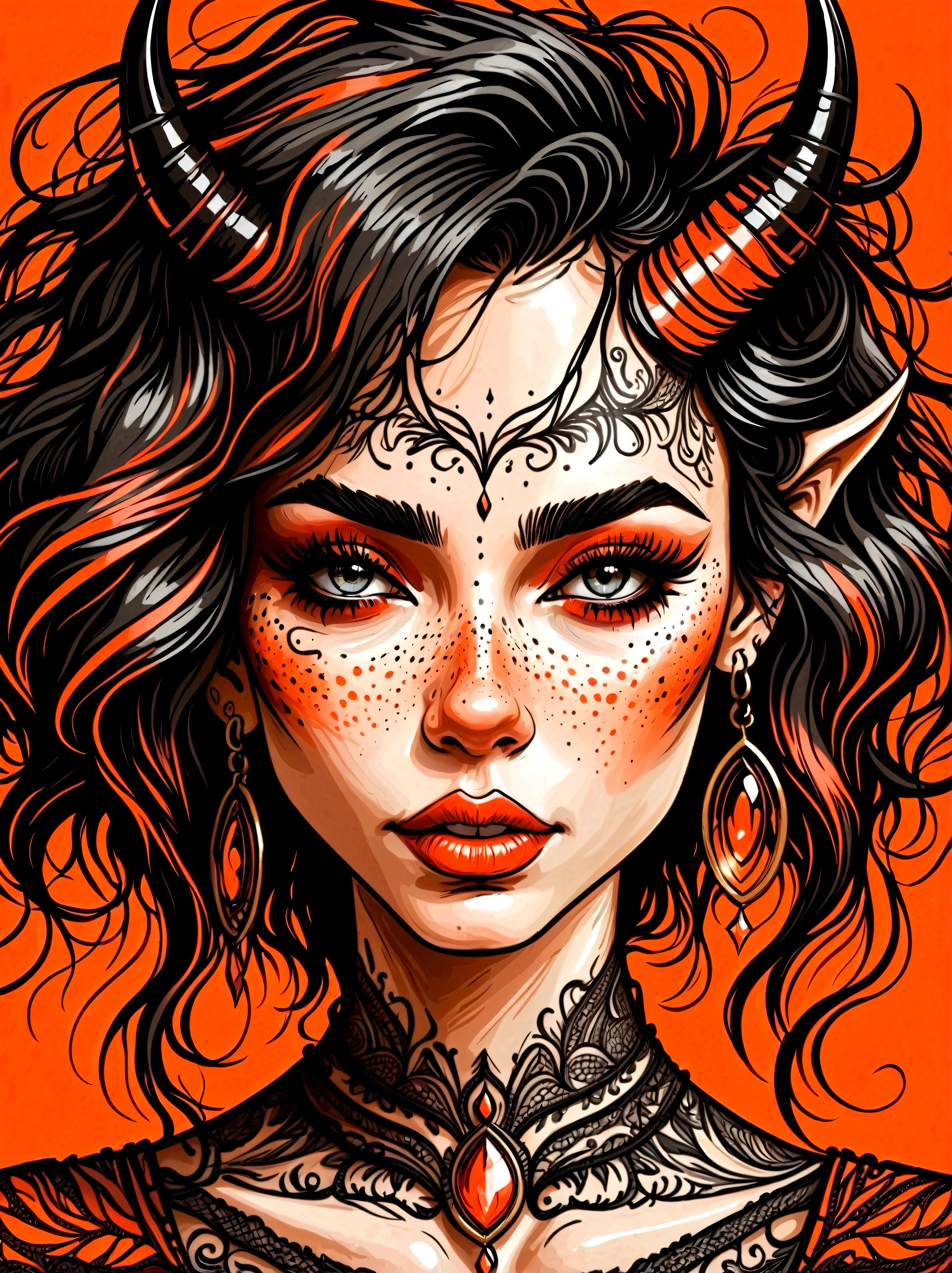 Cartoon hand drawn, Close-up portrait of a succubus,Exquisite eyes,Delicate lips,Extremely detailed face,Sharp eyes,Seductive Succubus,Diabolical traits,horn,Dark Fantasy,Gothic,Fascinating gaze, The color palette is in red, orange and black tones and has a sketchy style, The background should have a simple hand-drawn doodle pattern,8k,Highly detailed,masterpiece, 1shxx1
