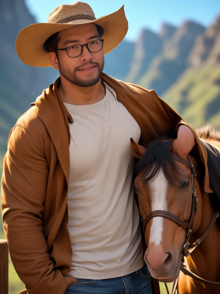 An award-winning original photo，a handsome 38-year-old man, crew cut, (((full body))), (((landscape))), mature man, [slightly fat], asian man, brown eyes, rounded face, glasses, slightly balding, 1boy, Solo, (big shoulders), musculature, stubbles, Short beard, (Beautiful eyes:1.3), (Detailed face:1.3), wearing glasses, Dynamic Angle, volumetric lighting, (Best quality, A high resolution, Photorealistic), Cinematic lighting, Masterpiece, RAW photo, Intricate details, (extremely detailed 8k wallpaper), masterpiece 16k photo,riding a horse, casual clothes, cowboy hat, 