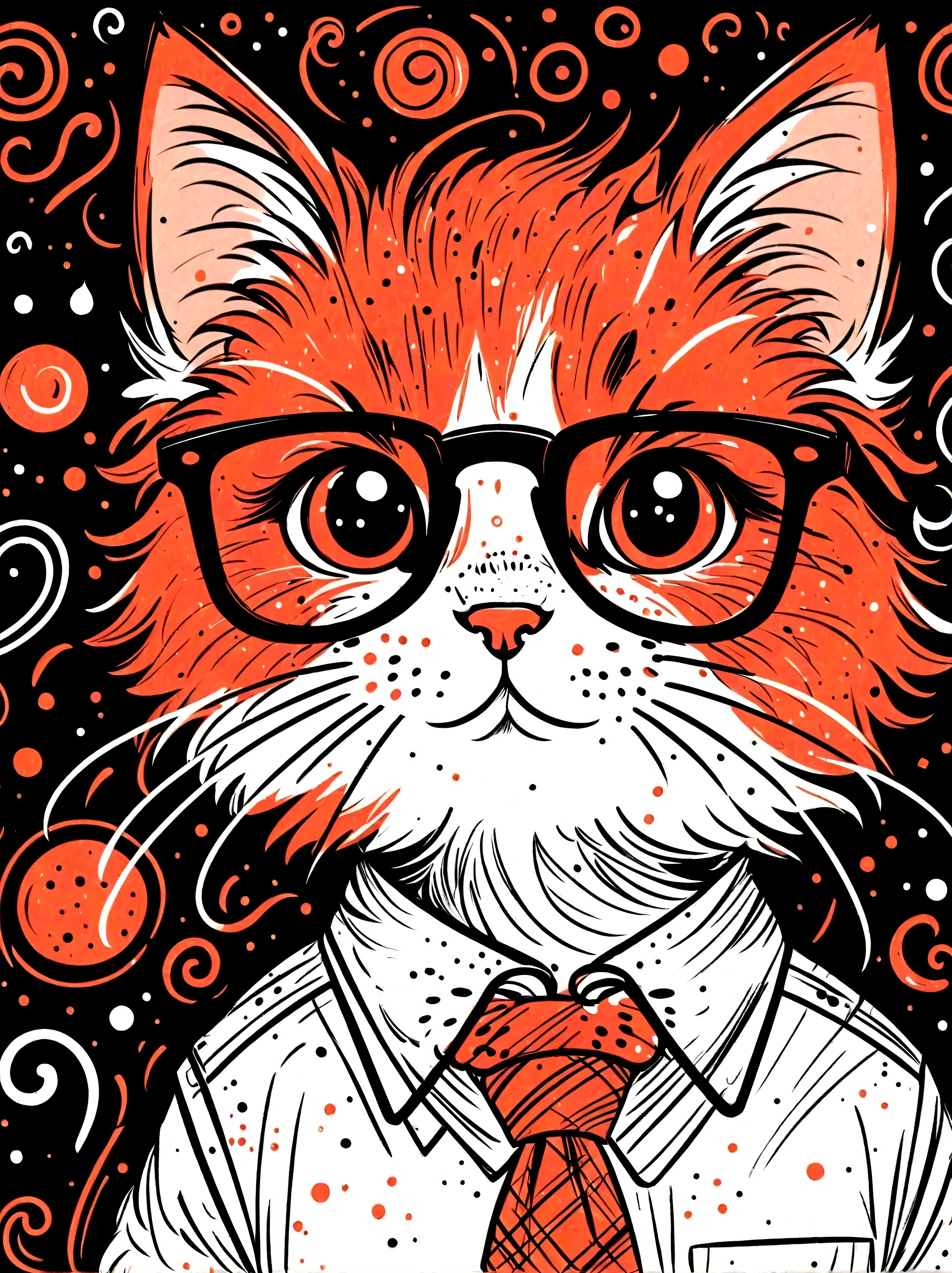 (masterpiece, best quality:1.2), Cartoon hand drawn, kitten, solo, wear glasses, cry,sad,tie,White shirt, The color palette is in red, orange and black tones and has a sketchy style, The background should have a simple hand-drawn doodle pattern, 1shxx1