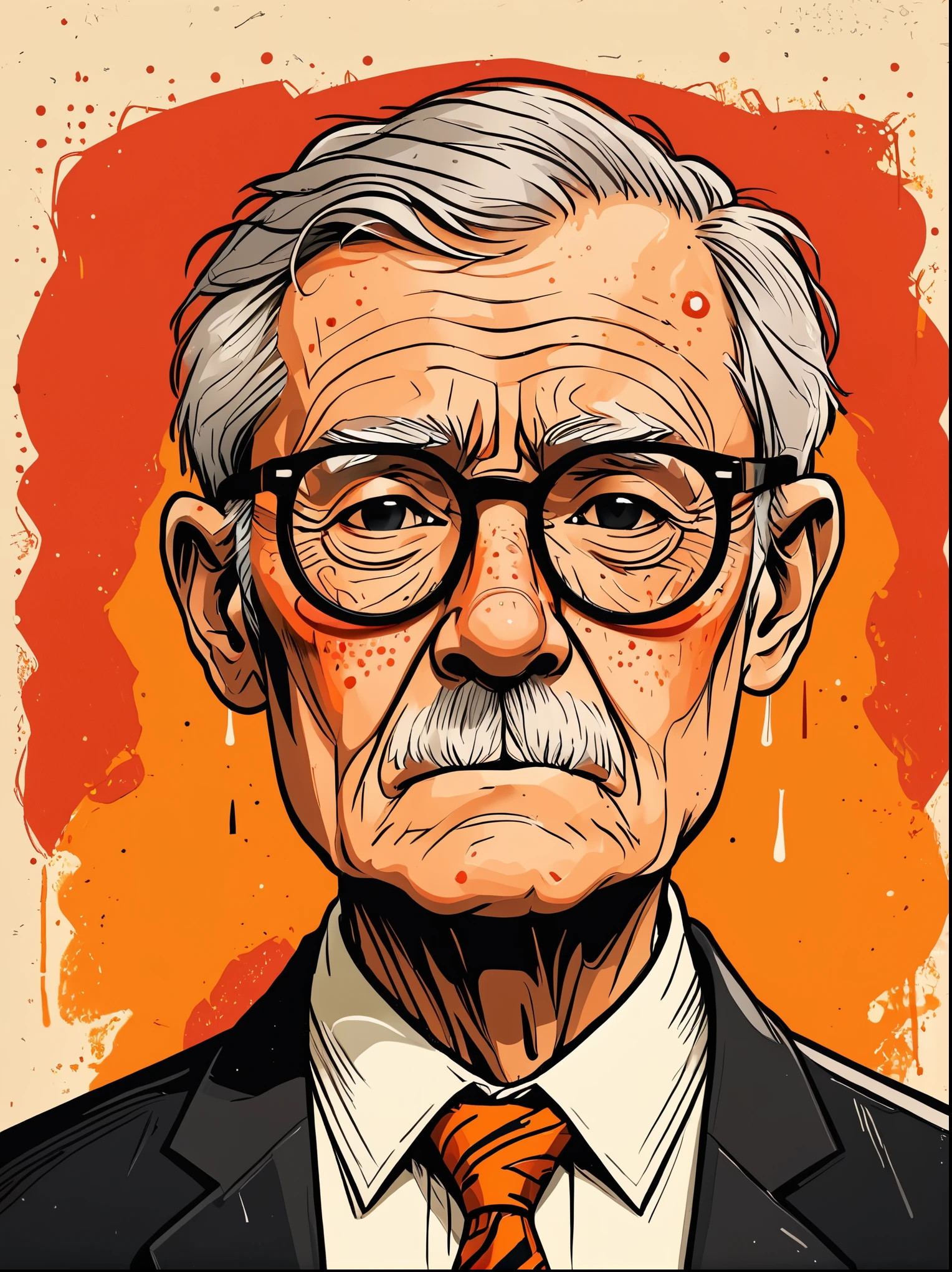 (masterpiece, best quality:1.2), Cartoon hand drawn, elder, solo, portrait, wear glasses, cry,sad,tie, The color palette is in red, orange and black tones and has a sketchy style. The background should have a simple hand-drawn doodle pattern