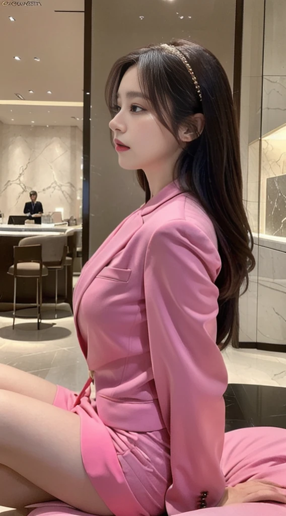 Full body,side view of beautiful korean female, 34 inch breasts size, Height 172 cm,wearing bright pink suit, and tight skirt, Sitting on a chair in a luxury jewelry store,, bokeh background, UHD