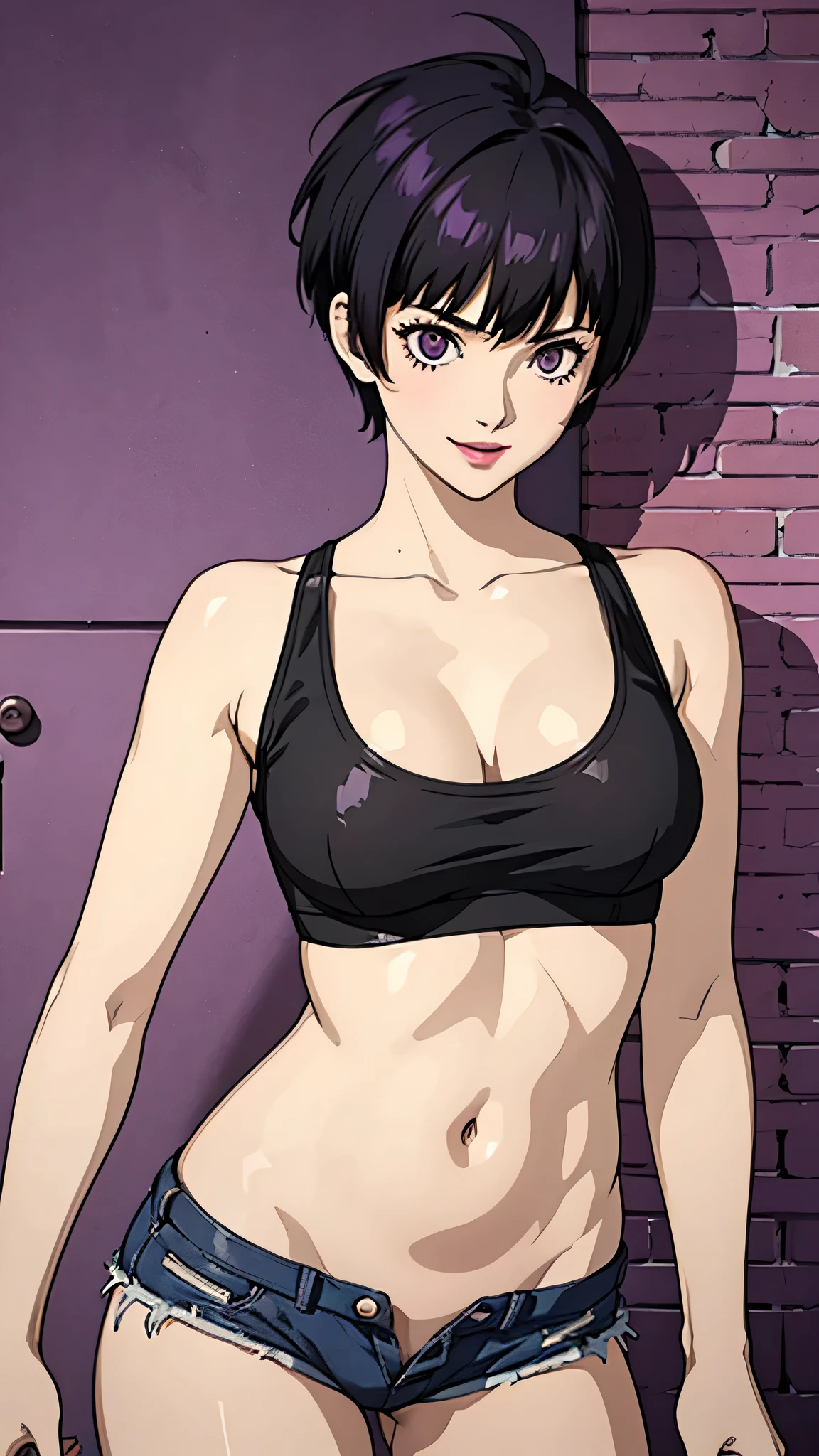 1girl, smile, purple eyes, spiked hair, spiked hair, tomboy Pixie haircut, very Short hair, black hair, white micro tank top, belly, huge , extreme micro shorts Open fly, lipstick, cowboy shot
