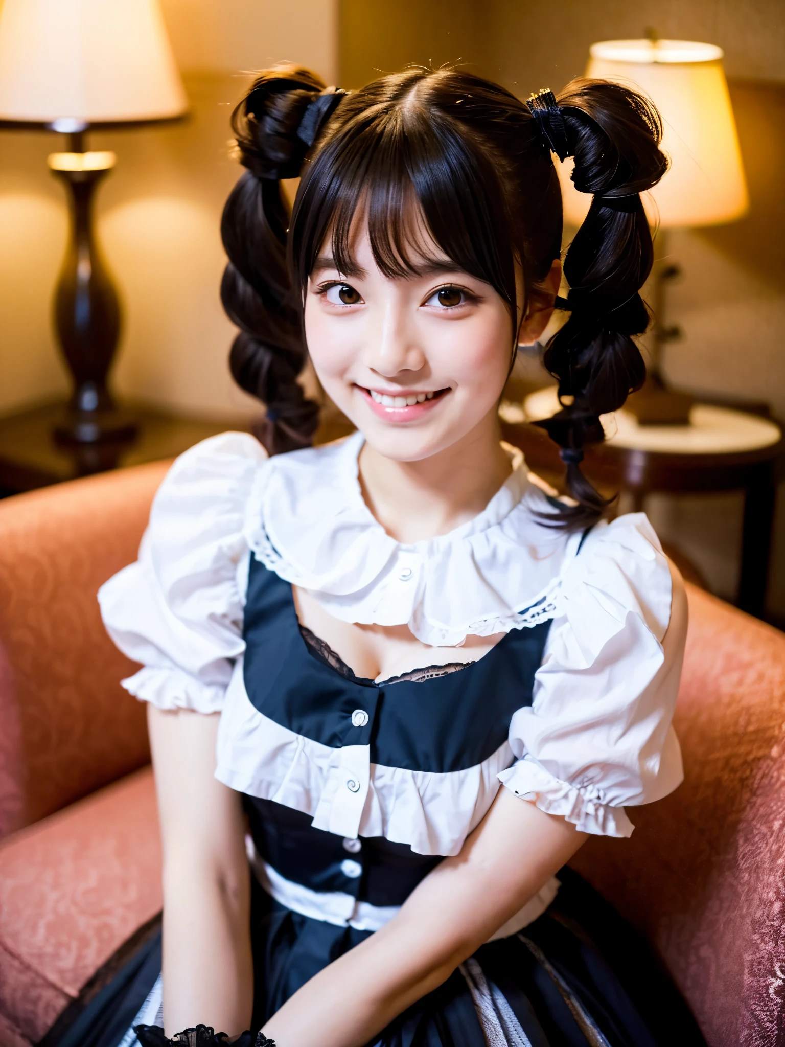 ((whole body)) Cute face like a 15-year-old idol Smiling Kindly Gothic ta in Japan Cosplay Frills Cleavage Her hairstyle is twin tails. Hotel Living Room stand morning RAW Photos High resolution Genuine Live Action Accurate depiction Realistic