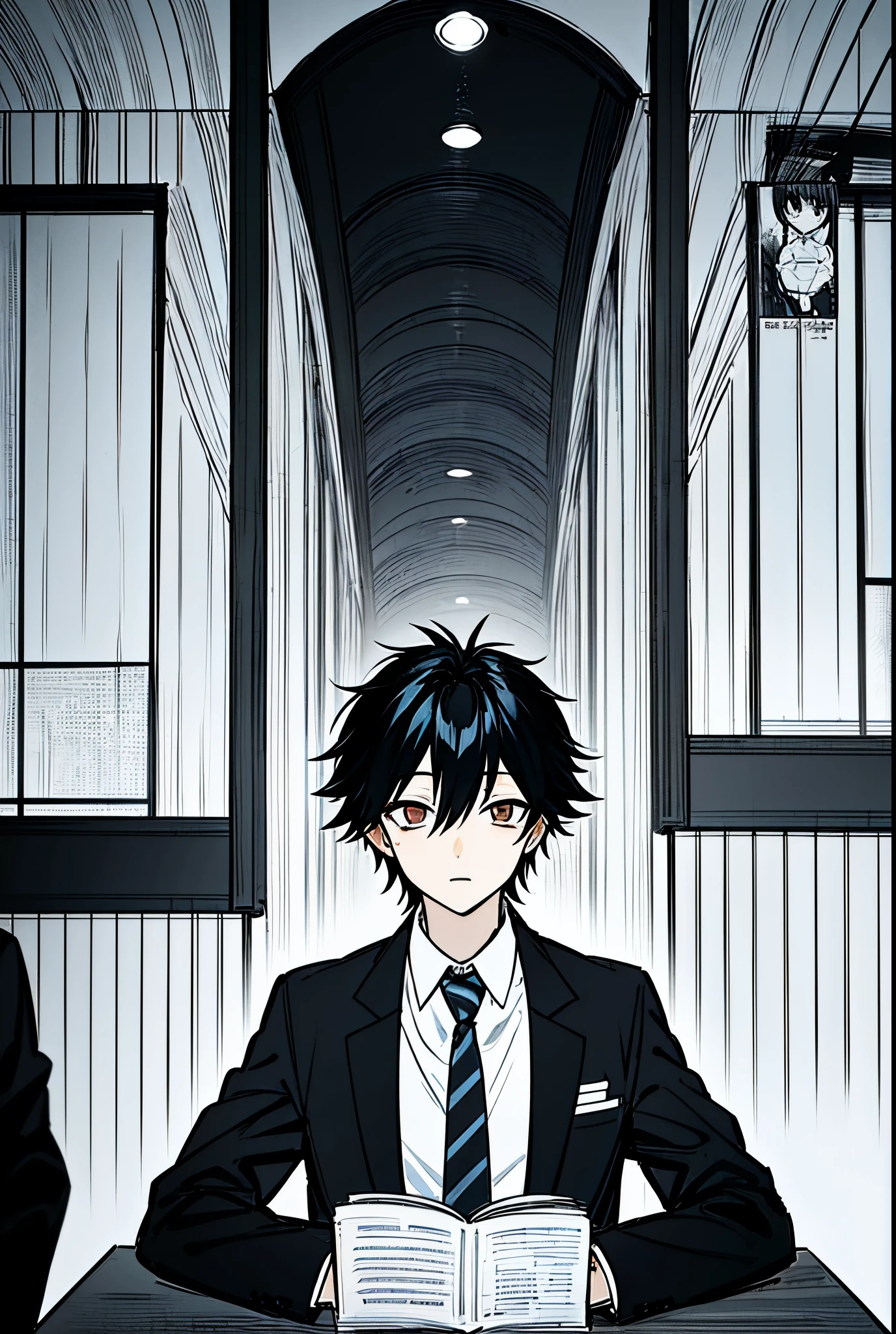 Takuya Aoyama, a 16-year-old male student, with sloppily combed black hair and brown eyes, with a dark expression, profile picture, light novel style. school environment, high school, masterpiece.