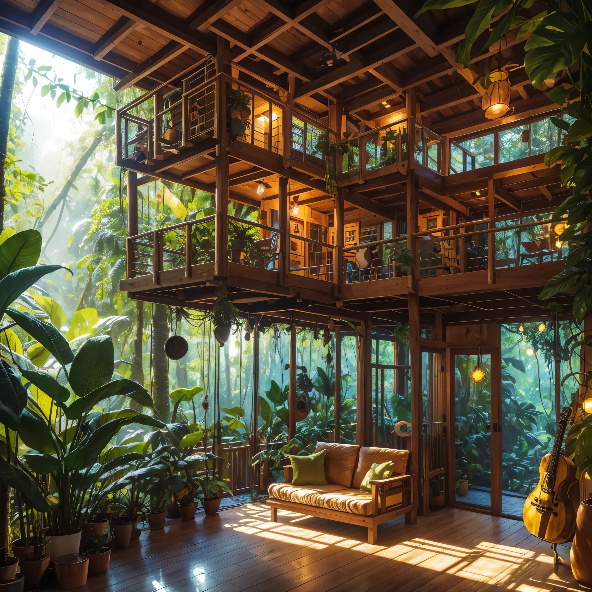 a cartoon treehouse interior, music producer style decor, rainforest outside, high quality, 8k, photorealistic, colorful, vibrant, warm lighting, natural elements, musical instruments, cozy and inviting, detailed textures, lush greenery, sunlight filtering through leaves, comfortable furniture, recording equipment, wall hangings, detailed wood grain, hanging plants, string lights