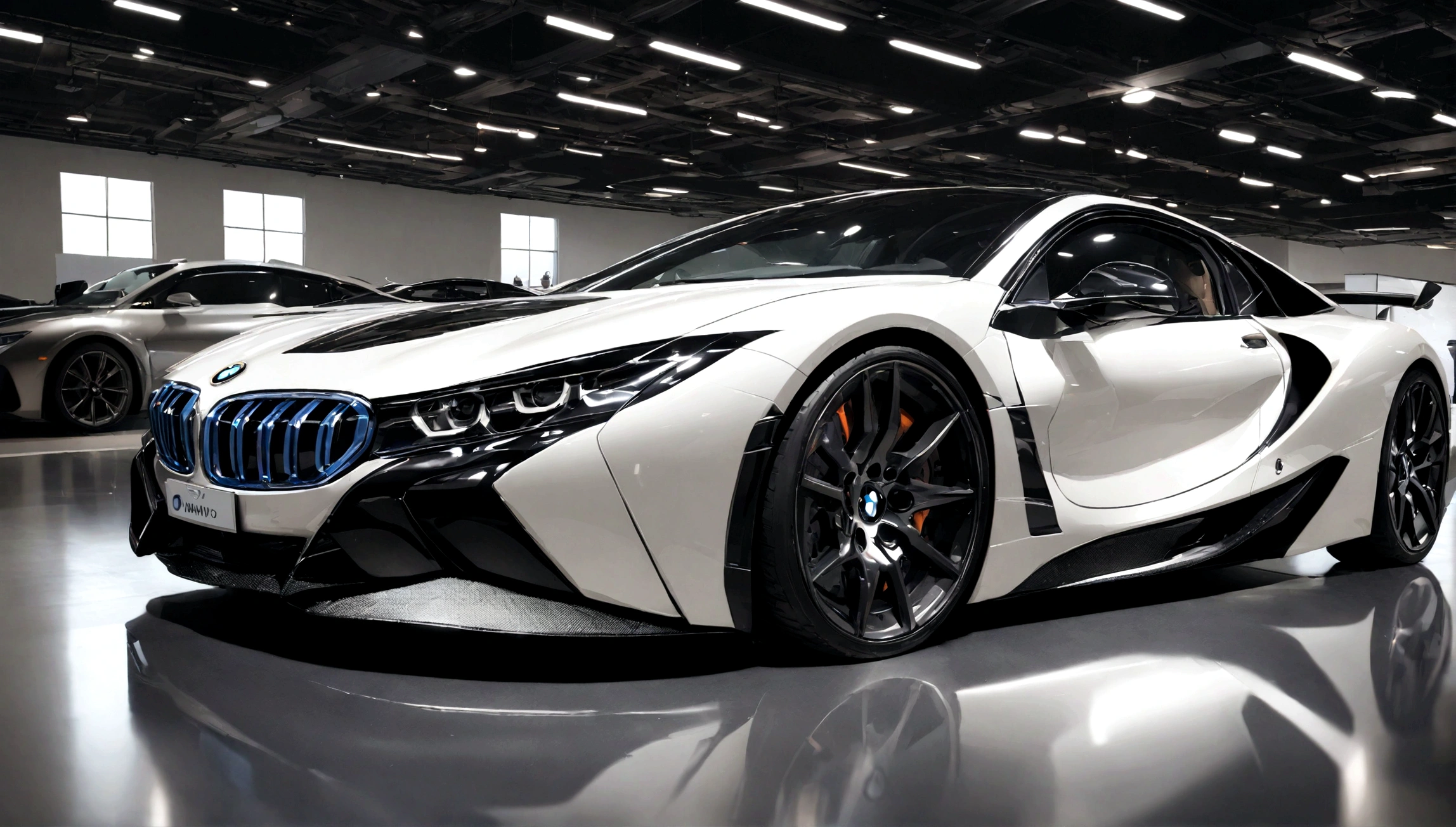 bmw white supercar, luxury car show, high-end automotive exhibition, photorealistic, 8k, best quality, masterpiece, extremely detailed, ultra-detailed, realistic, photo-realistic, HDR, UHD, physically-based rendering, sharp focus, vivid colors, studio lighting, chrome, reflective surfaces, glossy paint, precision engineering, low angle view, dramatic lighting, cinematic, luxury, premium, high-end, elite, opulent, elegant, sleek, sophisticated, modern, dynamic, powerful