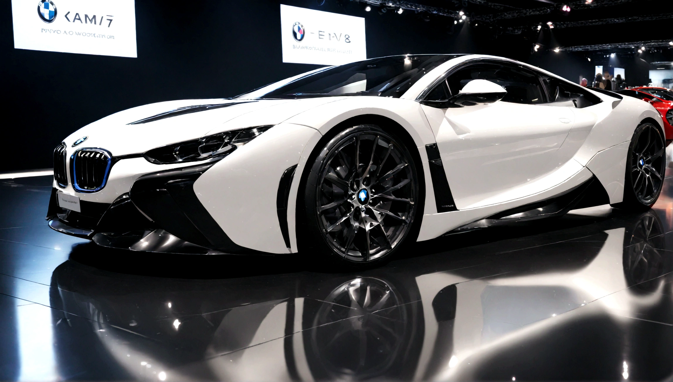 bmw white supercar, luxury car show, high-end automotive exhibition, photorealistic, 8k, best quality, masterpiece, extremely detailed, ultra-detailed, realistic, photo-realistic, HDR, UHD, physically-based rendering, sharp focus, vivid colors, studio lighting, chrome, reflective surfaces, glossy paint, precision engineering, low angle view, dramatic lighting, cinematic, luxury, premium, high-end, elite, opulent, elegant, sleek, sophisticated, modern, dynamic, powerful