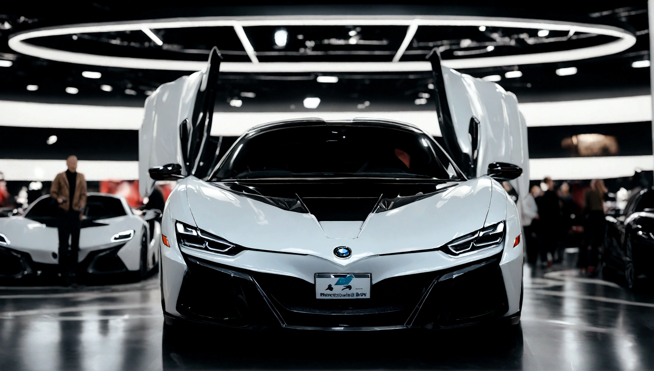 a luxury white bmw supercar, ultra detailed, hyper realistic, intricate details, high end car exhibition, cinematic lighting, 8k, photorealistic, depth of field, seamless blend, studio lighting, professional photography