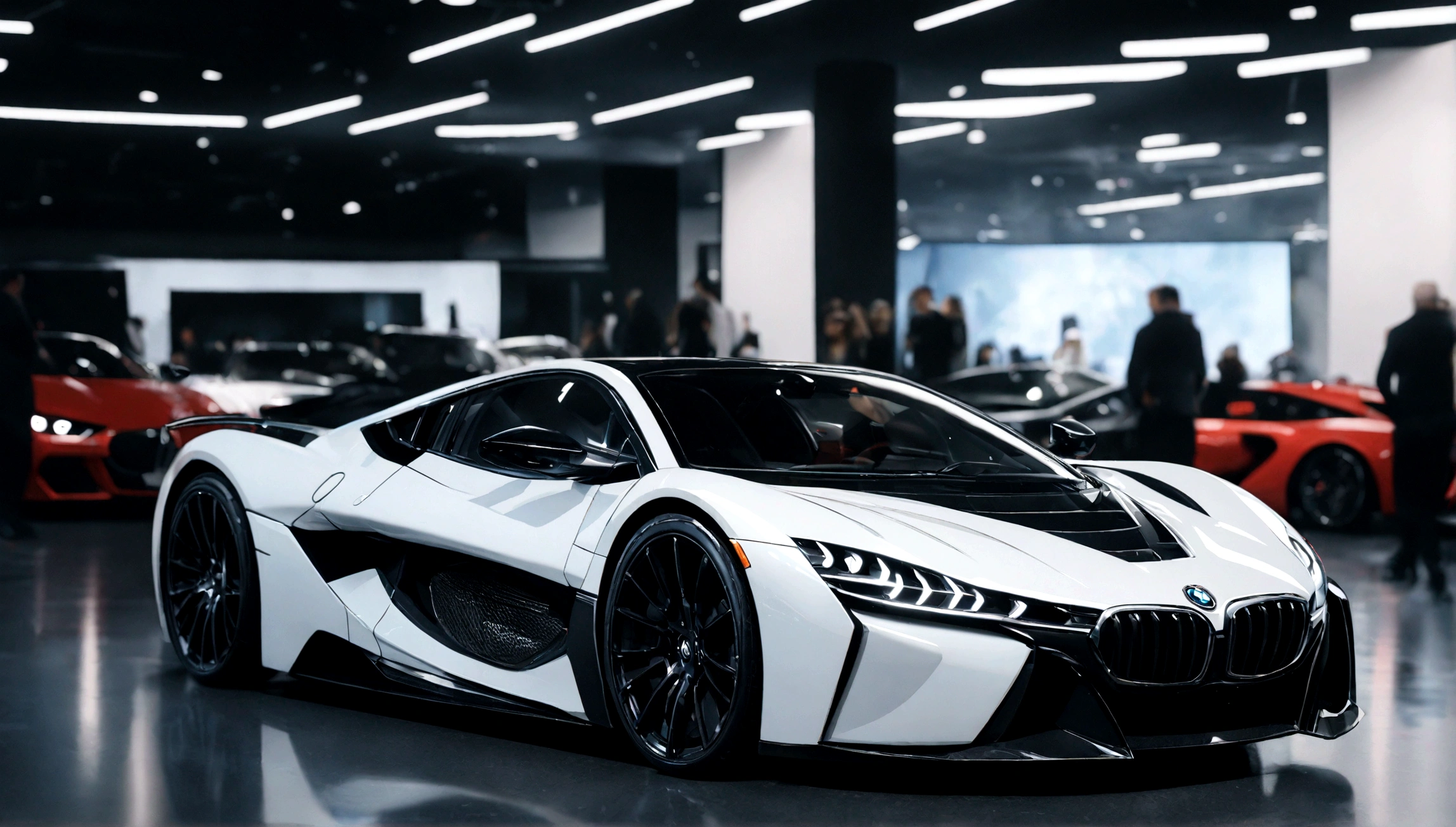 a luxury white bmw supercar, ultra detailed, hyper realistic, intricate details, high end car exhibition, cinematic lighting, 8k, photorealistic, depth of field, seamless blend, studio lighting, professional photography