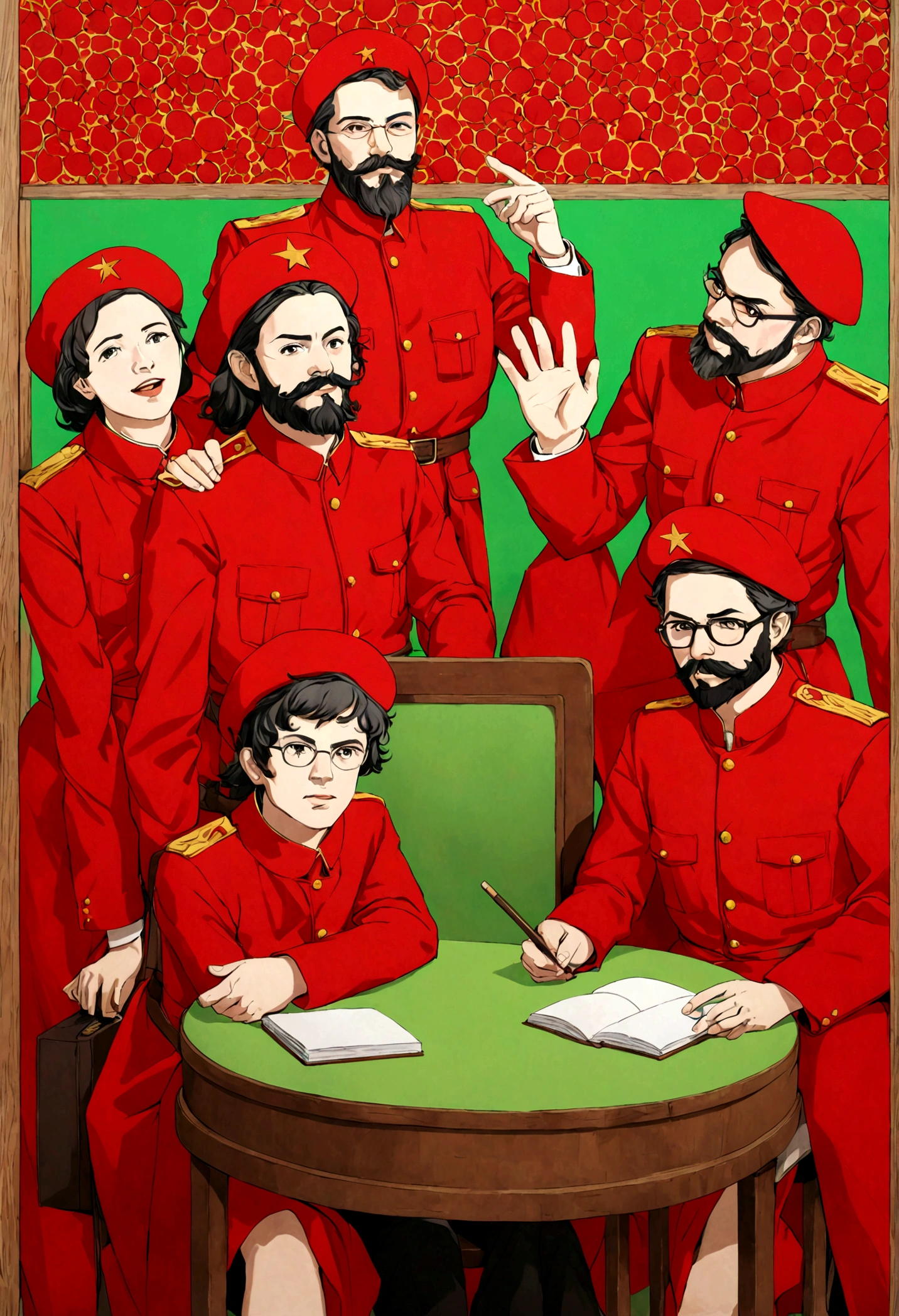 a group of Marxist psychologists, jovens, fundo chroma key vermelho, feeling of welcome,