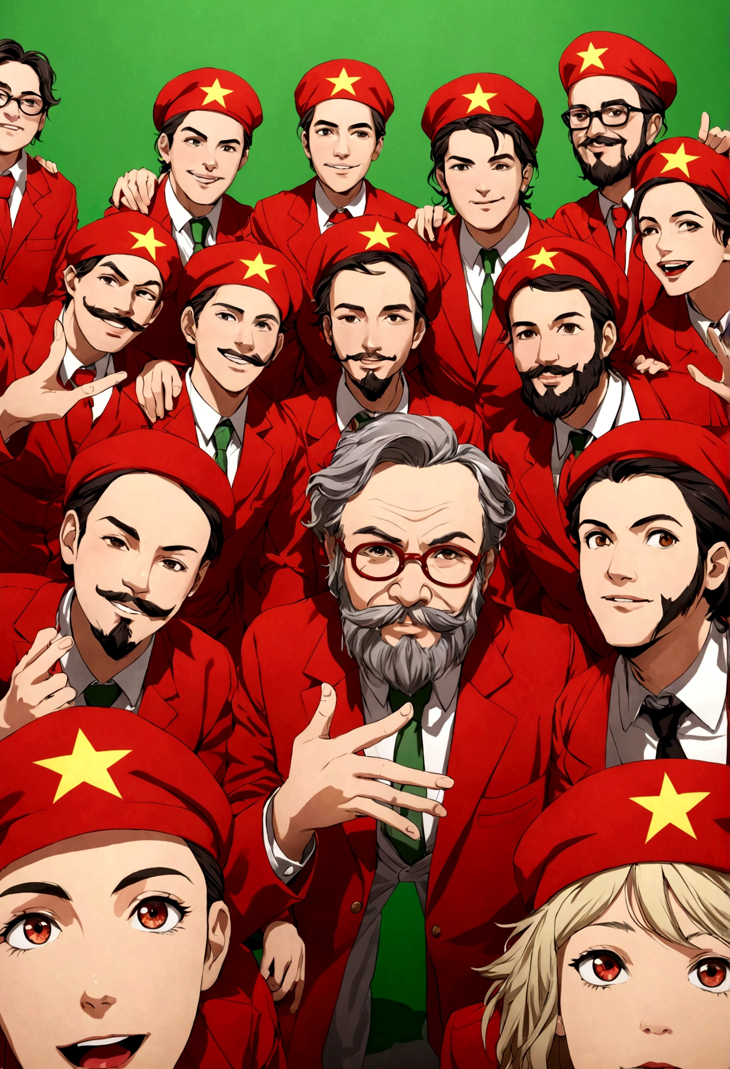 a group of Marxist psychologists, jovens, fundo chroma key vermelho, feeling of welcome,