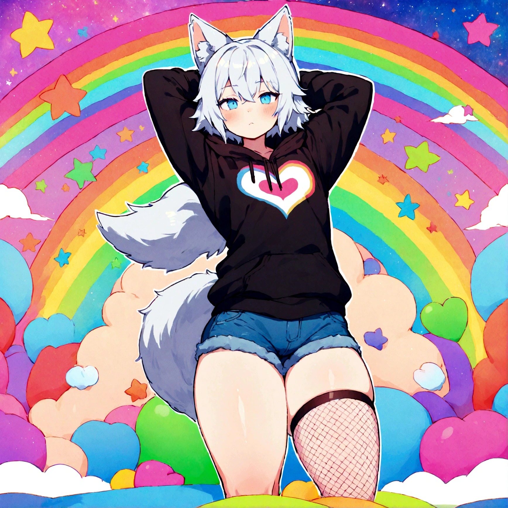 a cute adult male with wolf ears, white hair, has a wolf tail, wearing a loose cropped oversized black hoodie, wearing a pair of denim short shorts and fishnet stockings, thick thighs, wide hips, relaxing on mound of fluffy multi colored kawaii plushies, short, very slim, showing slender tummy, stretching out, heart on hoodie, squishy thighs, has glowing blue eyes. alone, solo (ALONE)(SOLO), surrounded by rainbows, colorful galaxy backround