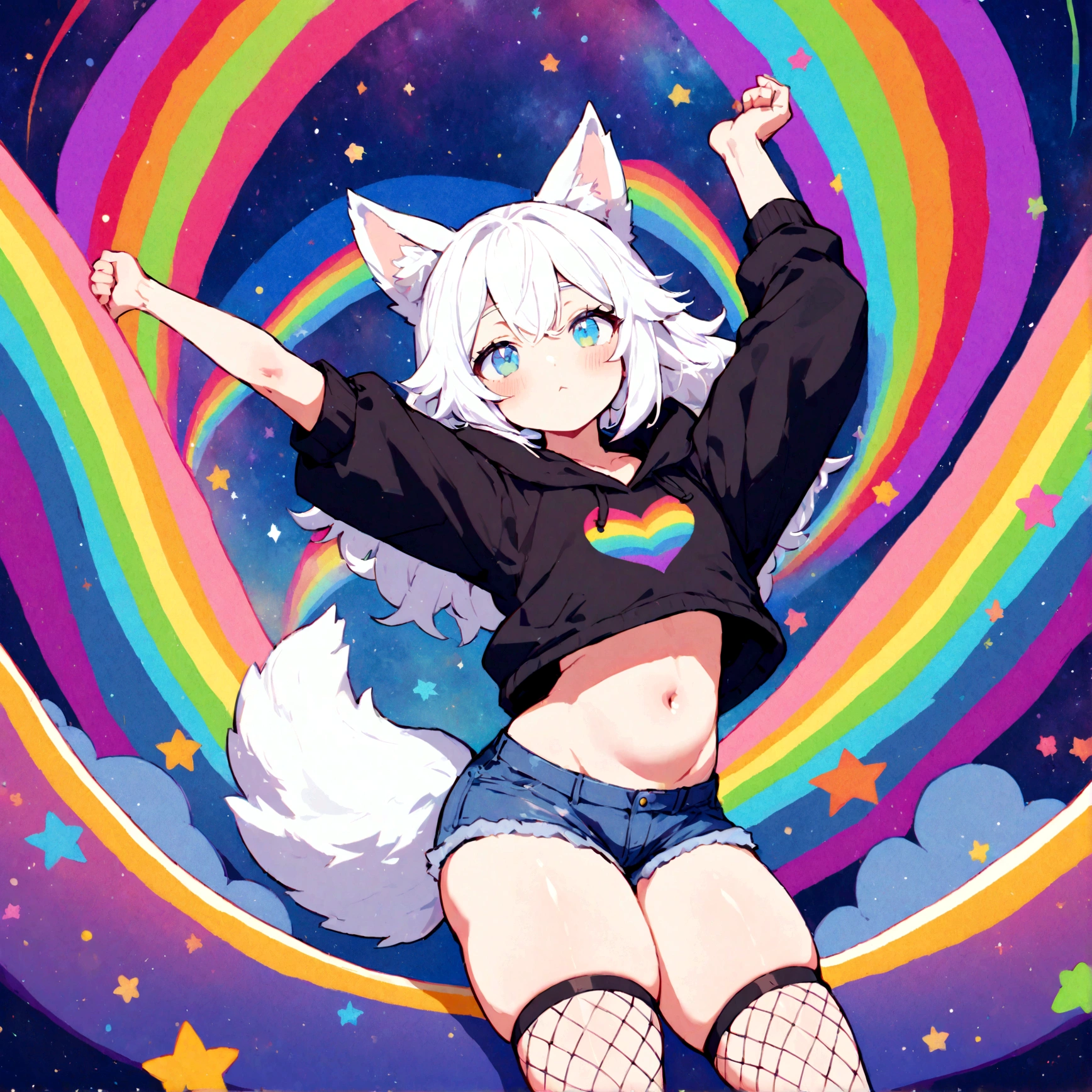 a cute adult male with wolf ears, white hair, has a wolf tail, wearing a loose cropped oversized black hoodie, wearing a pair of denim short shorts and fishnet stockings, thick thighs, wide hips, relaxing on mound of fluffy multi colored kawaii plushies, short, very slim, showing slender tummy, stretching out, heart on hoodie, squishy thighs, has glowing blue eyes. alone, solo (ALONE)(SOLO), surrounded by rainbows, colorful galaxy backround
