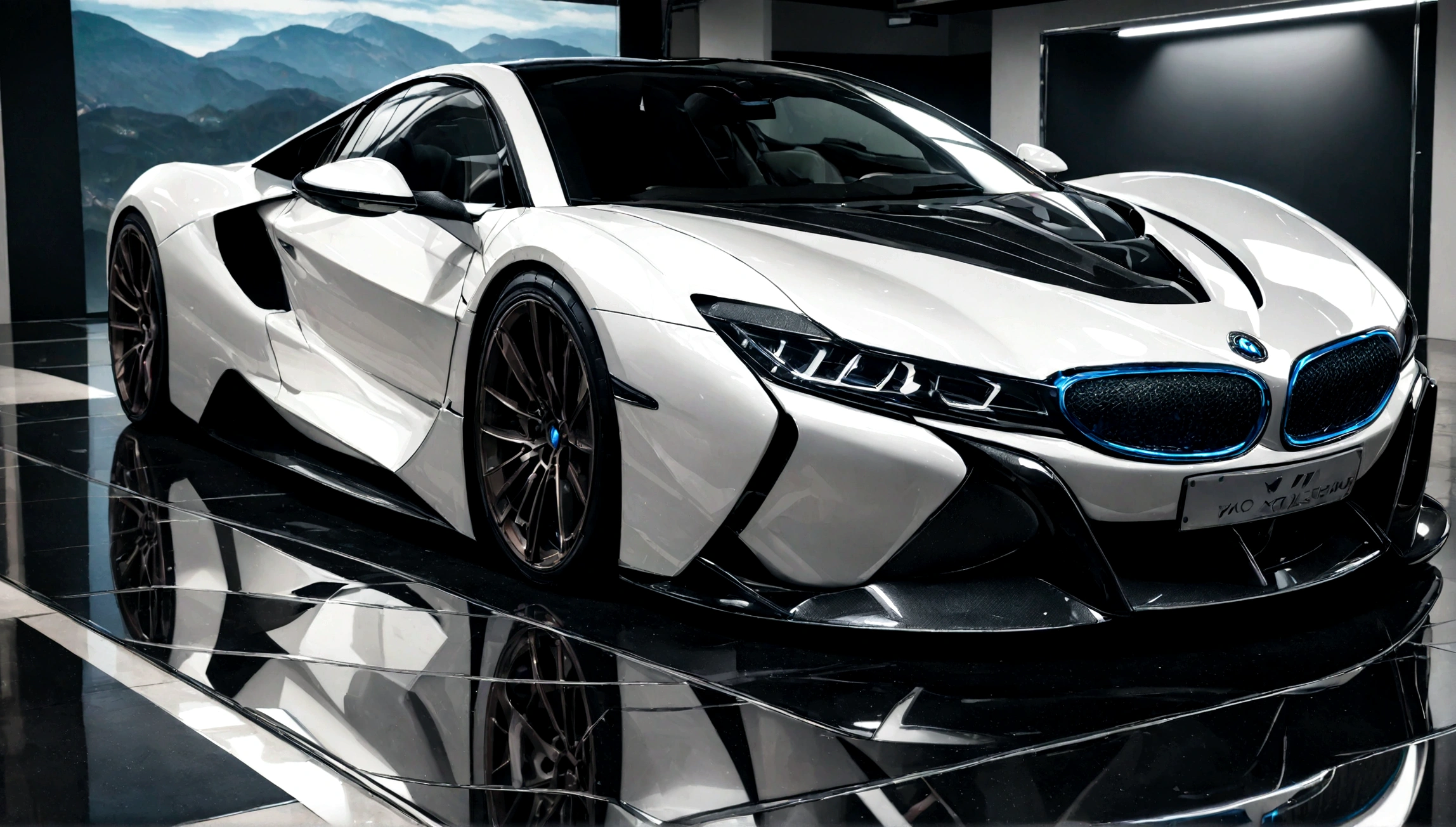 a white bmw supercar, hyperrealistic, exhibition of luxury cars, highly detailed, extremely detailed, photorealistic, 8k, best quality, studio lighting, hdr, physically-based rendering, vivid colors, luxury, automotive, sleek, elegant, modern, shiny, chrome details, glass, reflection, glossy, premium, high-end, exclusive, impressive, grand, atmospheric, dramatic, cinematic