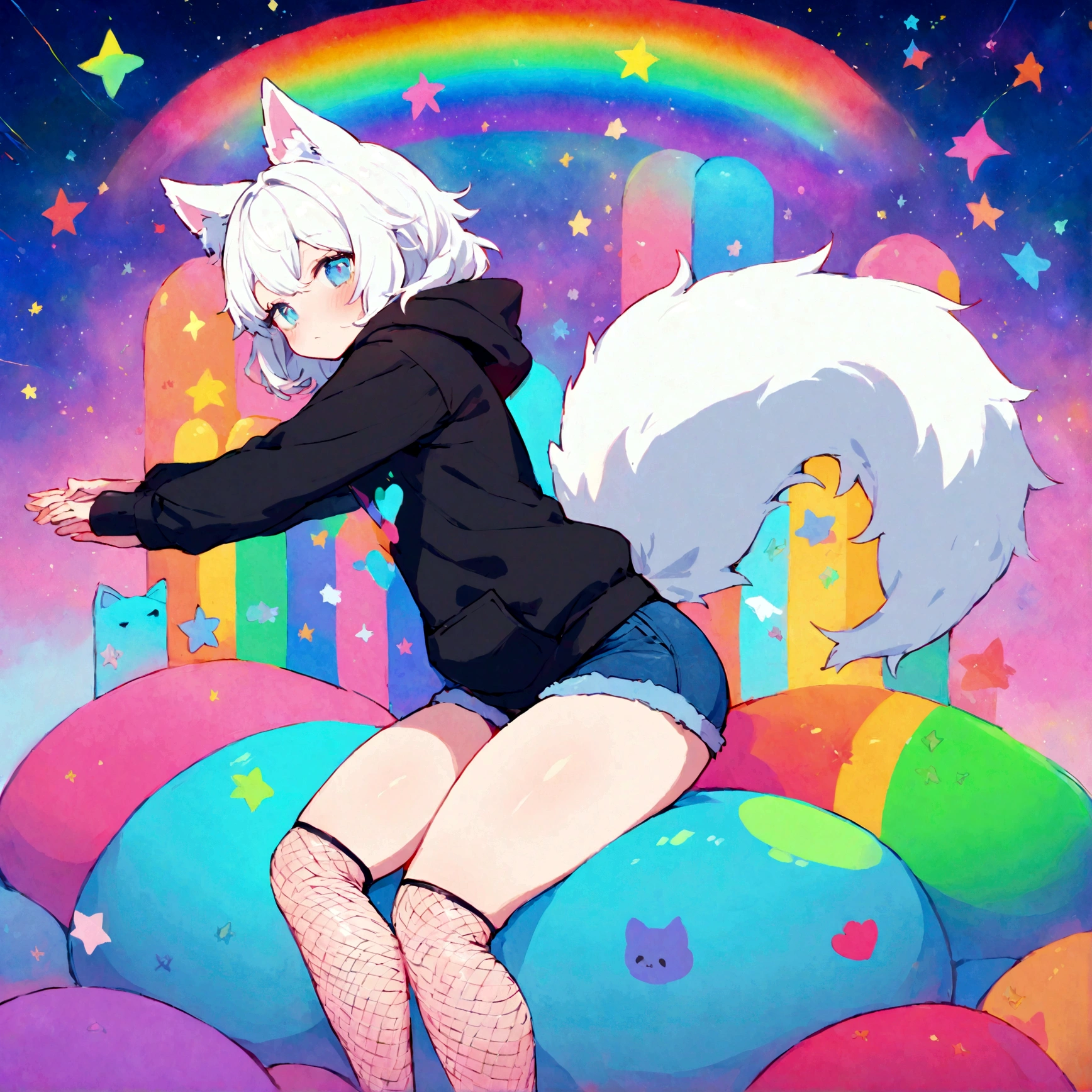 a cute adult male with wolf ears, white hair, has a wolf tail, wearing a loose cropped oversized black hoodie, wearing a pair of denim short shorts and fishnet stockings, thick thighs, wide hips, relaxing on mound of fluffy multi colored kawaii plushies, short, very slim, showing slender tummy, stretching out, heart on hoodie, squishy thighs, has glowing blue eyes. alone, solo (ALONE)(SOLO), surrounded by rainbows, colorful galaxy backround