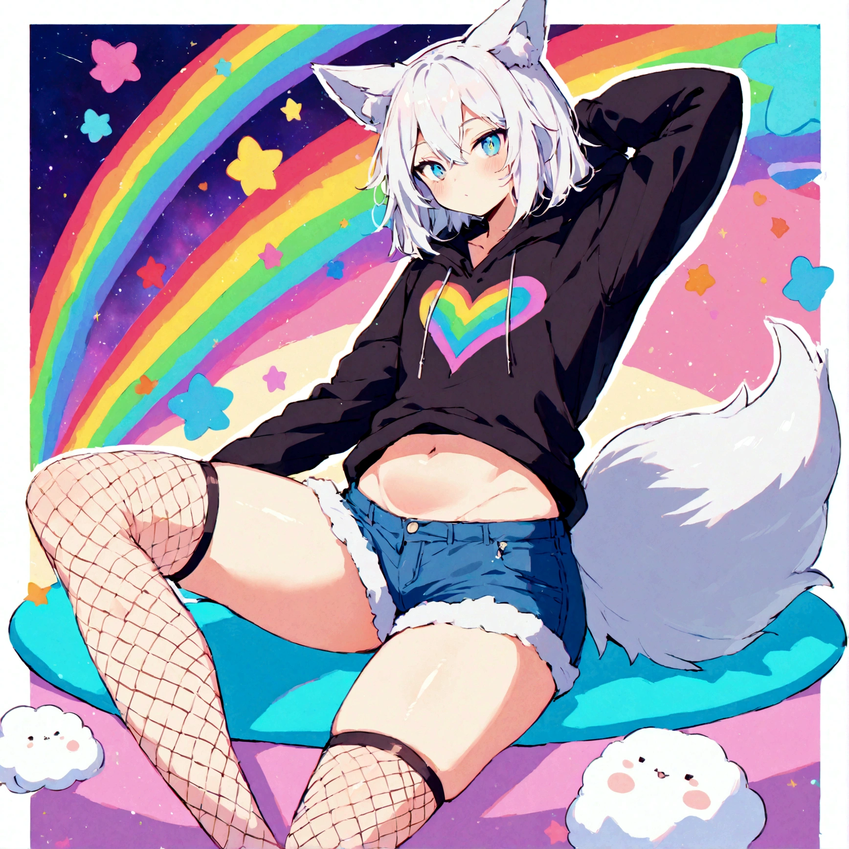 a cute adult male with wolf ears, white hair, has a wolf tail, wearing a loose cropped oversized black hoodie, wearing a pair of denim short shorts and fishnet stockings, thick thighs, wide hips, relaxing on mound of fluffy multi colored kawaii plushies, short, very slim, showing slender tummy, stretching out, heart on hoodie, squishy thighs, has glowing blue eyes. alone, solo (ALONE)(SOLO), surrounded by rainbows, colorful galaxy backround