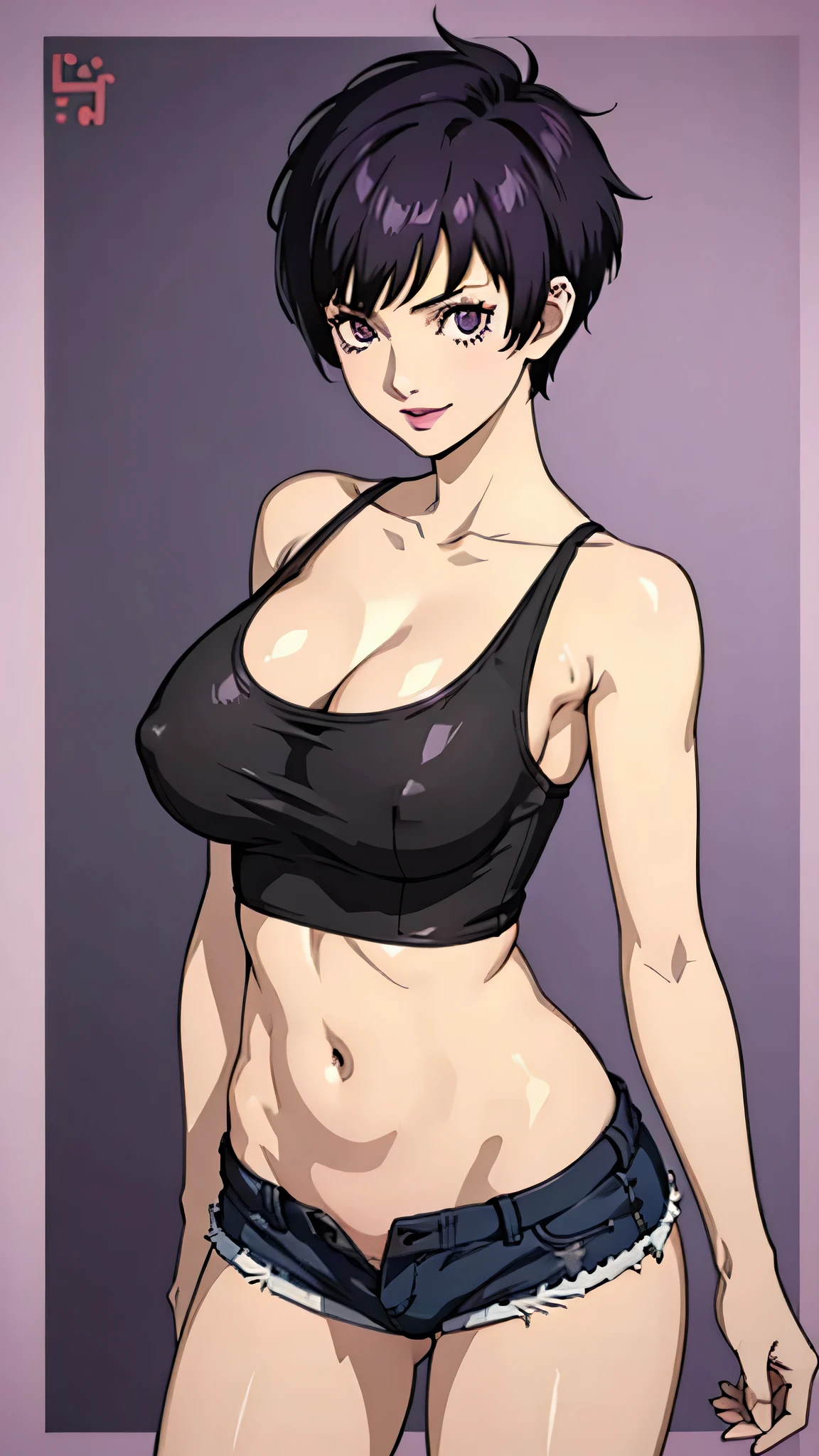 1girl, milf, smile, purple eyes, spiked hair, spiked hair, tomboy Pixie haircut, very Short hair, black hair, white micro tank top, belly, huge breast, extreme micro shorts Open fly, lipstick, cowboy shot