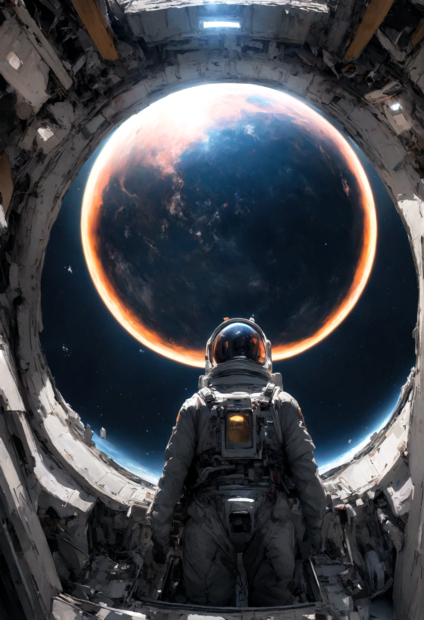 Espejo solo flotando en el espacio, de fondo el sol en su explendor, foto en el espacio