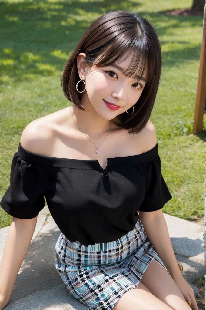 (8k, Photorealistic, Raw photo, Highest quality: 1.4),Japanese idol-style beautiful girl,1 person,18-year-old,Short bob hairstyle,Silver Hair,She has her hair tucked behind her ears,She has small earrings in her ears,Big, clear grey eyes,Long eyelashes,Plump Cheeks,She is wearing pink lipstick,Apply gloss over your lipstick for glossy, plump lips,Smiling,A short pendant is hanging around her neck,Blackのマニキュアを両手の爪に塗っている,Blackのマニキュアを両足の爪に塗っている,She is wearing a white off-the-shoulder summer knit on bare skin.,I can see her cleavage,Pleated skirt(Plaid,Black :1.7)Wear,(barefoot),(On the grass under the tree in the park),(Sit with your legs open),Hands placed between legs,She is surrounded by the gentle sunlight filtering through the trees.,Angle from the front,whole body ports