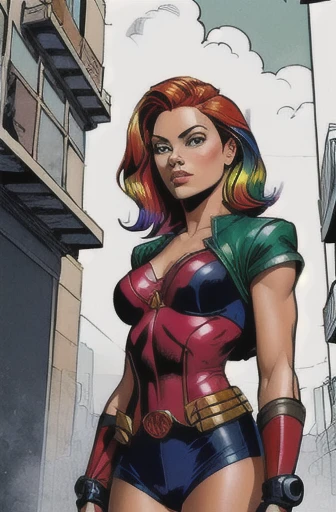 classeclsscrgedsk, 1 garota, cabelo longo, multicolocabelo vermelho, Cabelo em dois tons, Franja tingida, cabelo branco, cabelo vermelho, inventar, batom, arco de cabelo, cinto, May, rolled up sleeves, jaqueta de couro, jaqueta marrom, multicolored May, green May, yellow May, Obra de arte, melhor qualidade , arte oficial , xmen rouge
