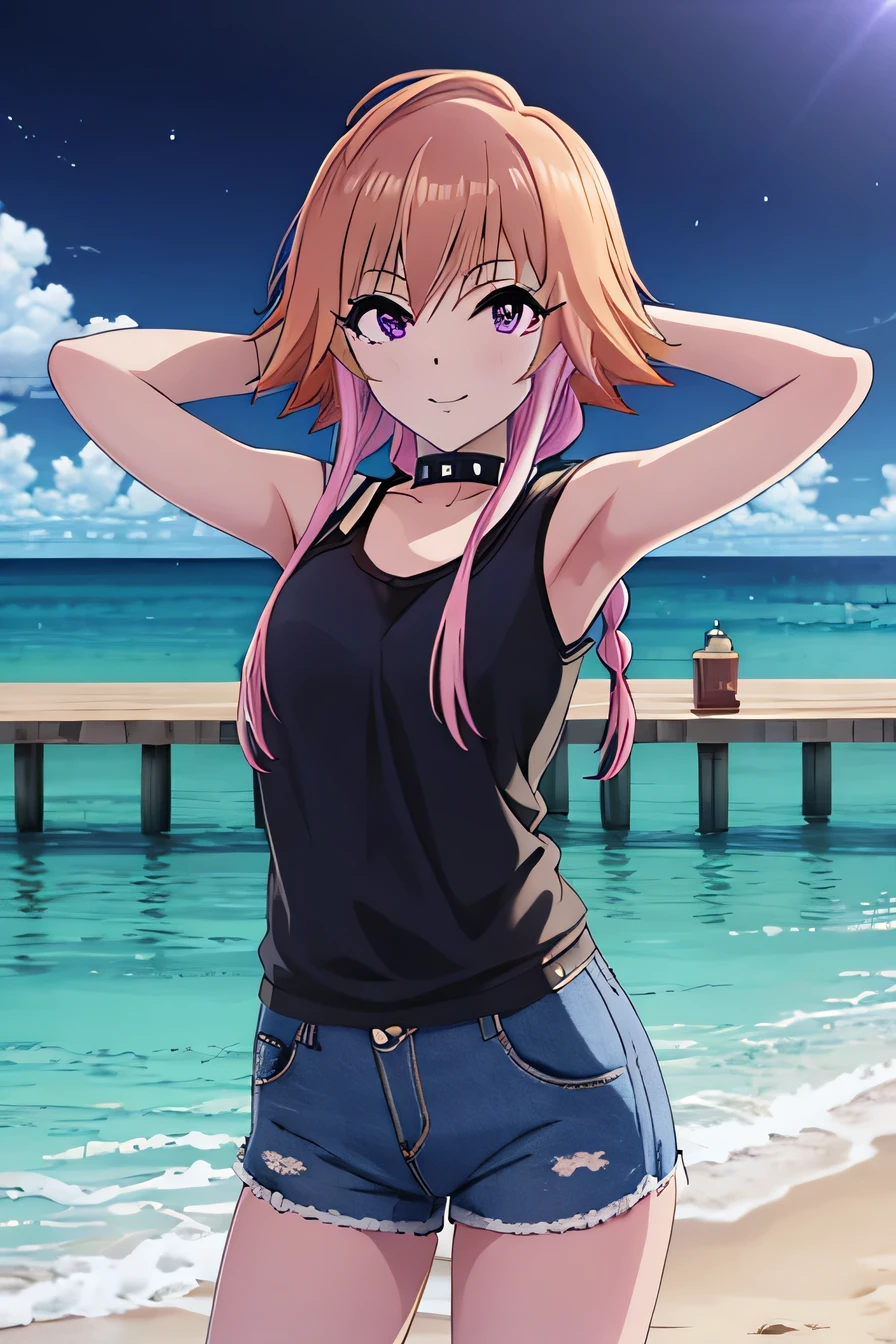 ninomiya asuka, masterpiece, best quality, ultra-detailed, solo,1girl, orange hair,long hair,bangs,twin braids,pink hair,purple eyes, sleeveless, studded collar, black tank top, white short, (cowboy shot:1.5), beach, night sky, arms behind head, spread armpits, contrapposto, smile, closed mouth, looking at viewer,