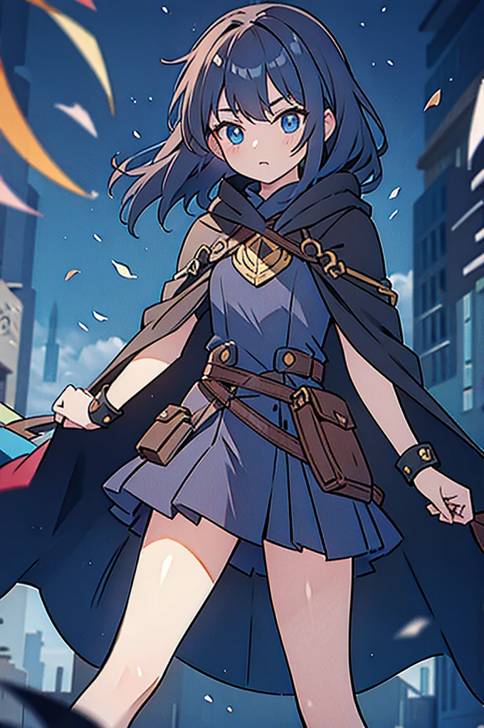 Upper body A woman wearing a cloak and dark armor, large thighs, cute face, long navy blue hair and navy blue eyes, full body