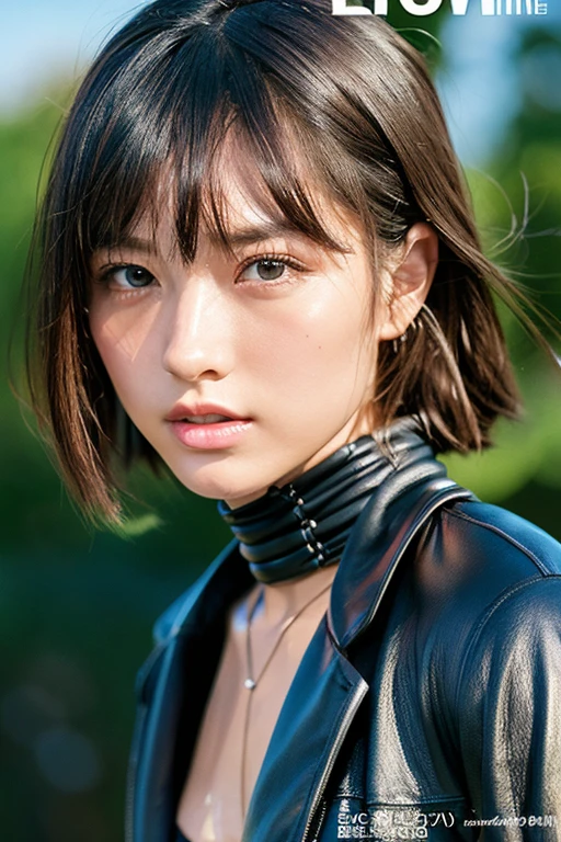 Analog Style, RAWphotograph, photograph, Hyperrealistic, amateur photo shot , Aesthetic artwork, ((Magazine Cover、Large text)), Detailed skin, detailed natural raw light, Very detailedな, Cinematic, highest quality, Super detailed, Very detailed, grain, noise, Heading, stylish, font, Memorable、A boyish and healthy beautiful girl,((Flowing sweat)) Beautiful Eyes, Realistic eyes, Beautiful details in the eyes, (Realistic Skin),Japanese Idols、(((Leather bondage suit)))