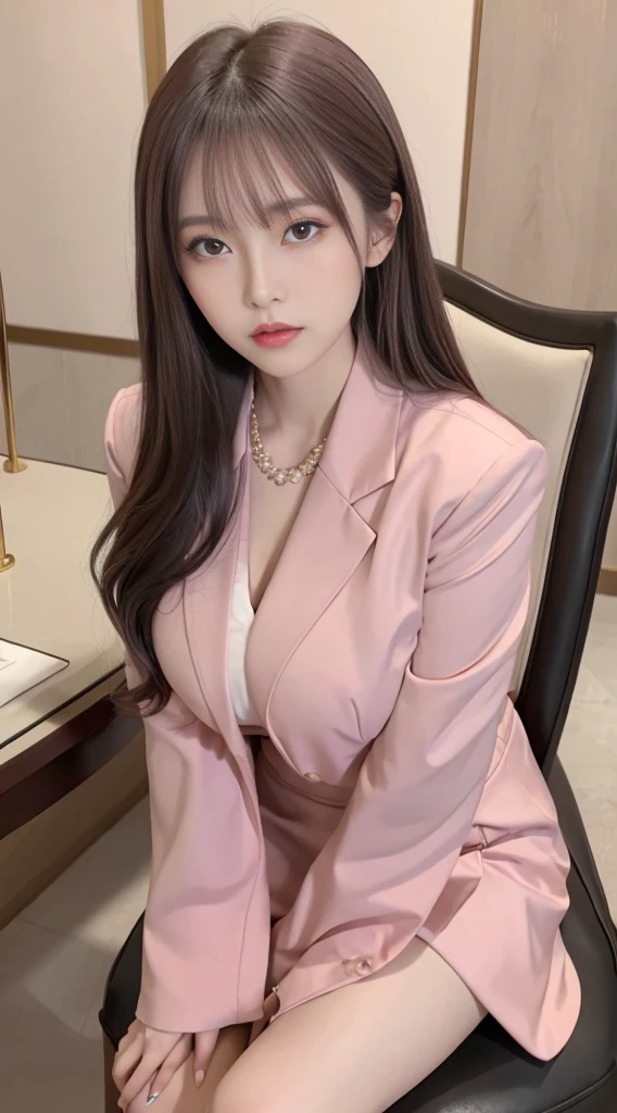 Full body,of beautiful korean female, 34 inch breasts size, Height 172 cm,wearing pink suit, and tight skirt, Sitting on a chair in a luxury jewelry store,, bokeh background, UHD