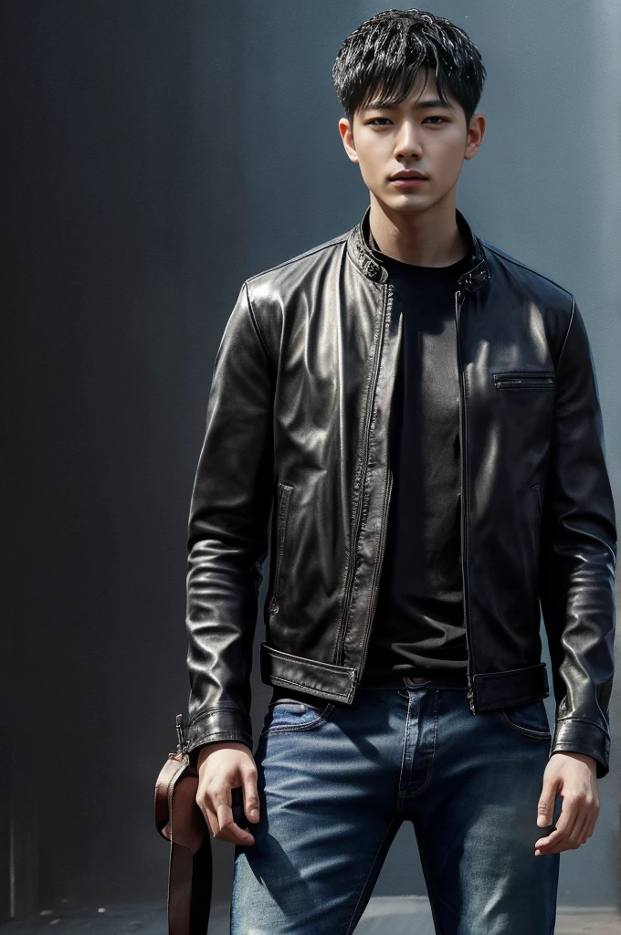 a painting of a man in a leather jacket and jeans, official fanart, glossy from rain, inspired by Yanjun Cheng, song joong - ki portrait, fanart, by Ni Zan, yanjun chengt, high quality fanart, korean artist, by Yang J, inspired by Joong Keun Lee, by Nil Gleyen, wearing leather jacket, detailed fanart