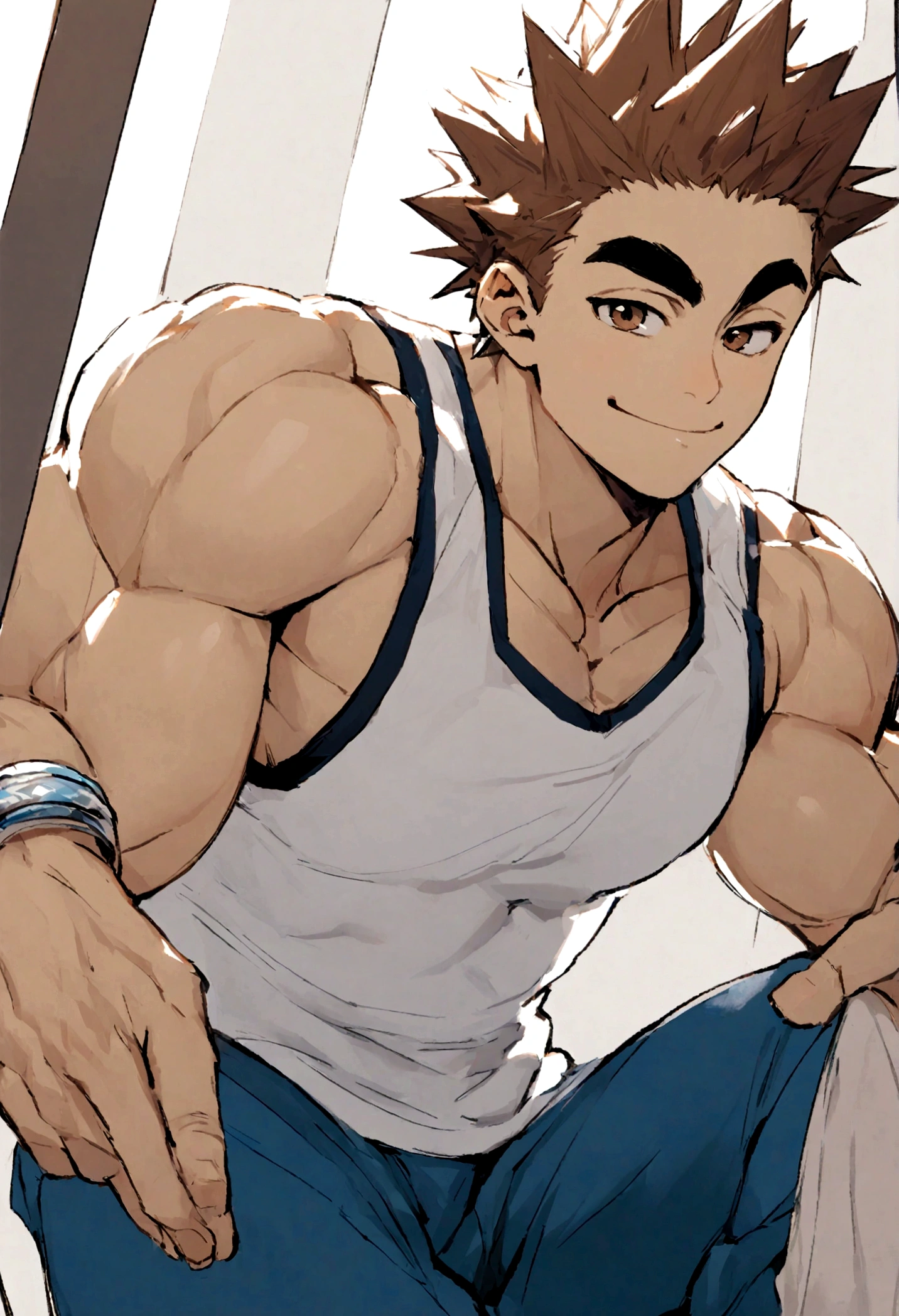 male with spiky brown hair, Eyebrow slit, brown eyes, white tank top, blue pants, white sports bracelet, muscular, smiling