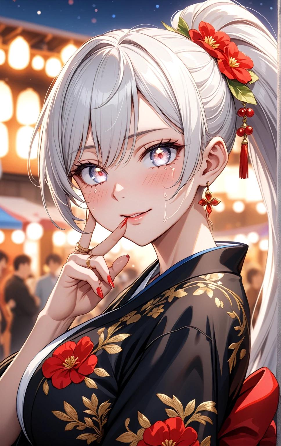 ((One personの女性)), Beautiful Face,((smirk)),((Wink:1.9)),((Finger touching lips)), Laugh with your mouth wide open,((Bright red cheeks:1.4)),Shiny red lips,night,rooftop,Festive decorations,You can see the ocean, firework,Laughing with your mouth open,Glossy pink lips,Facial lighting,((Anime style background)),masterpiece, Highest quality, so beautiful,up to date, Complex details, (Pink long nails),(ring),(bracelet),(choker),AI-generated, Complex,High resolution, Highest quality, super high quality,3D Images、3D Images,One person,Long white hair,High Ponytail,(White eyes),Anime woman posing for a photo, ((fine grain、Silvery white colorful eyes、Shining Eyes:1.4)),(Squint your eyes:1.1),a hyperRealistic , hyperRealistic , Realistic,Anime woman with long white hair, Smooth anime CG art, A woman in a colorful kimono with gold embroidery, (Black long sleeve kimono),Red floral pattern,Long flower hair ornament,big floral earrings,Mature Body,(Big Breasts:1.1),expensive,Abdominal muscles,Tight waist,(Zoom up to face:1.7),Shooting from diagonally below