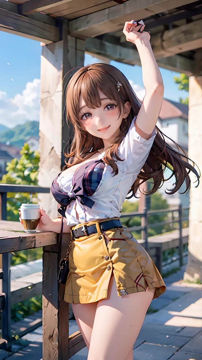 ((((highest quality)))), (((Ultra-precision CG 16K))), (((masterpiece))), (((Very detailed))), (((Extremely detailed))), (((Black outline:1.3, Written boundary depth:1.3 , Written soft outline))), Blur, Bokeh, Maximum clarity and sharpness,Multilayer Texture, Surface Shading, Cinematic lighting, Beautiful details sparkle ,Perfect Proportions, Limited to three woman, BREAK accurate, Anatomically correct, Highly detailed face and skin texture, drawn in detail, Highly detailed facial and skin texture, Detailed eyes, beautiful hair, Beautiful Japanese Idol face, Beautiful and beautiful eyes, Beautiful body, Beautiful breasts, Beautiful thighs, Beautiful legs, Beautiful fingers, (Beautiful views) , skinny body, ((Beautiful Skin)), ((Skin Texture)) BREAK breast enlarged, large Breasts, perky breast, (blush, smiling:1.3, brown eyes, pink cheek, Double eyelids, Thin eyebrows, narrow eyes:1.3, Natural cheeks, Glossy skin, Fair skin:1.2, (Glossy lips:1.4, shiny lips: 1.4 ), high school student, Attractive adult woman ) , Long-Hair:1.3, straight-Hair:1.3, Hair Intake, Inner hair color, [(gradient hair from black to yellow:1.4):0.4], BREAK (girly fashion, low rise mini skirt with slits, burberry check skirt) , nail art, necklace, Bridal Ring, wearing a watch BREAK (Stretching-upwards:1.3),(standing, a girl relaxing in a cafe:1.3, book and coffee cup on table, sunny outdoors,:1.3 , from front, from below, looking at friends , bust up, cowboy shot)