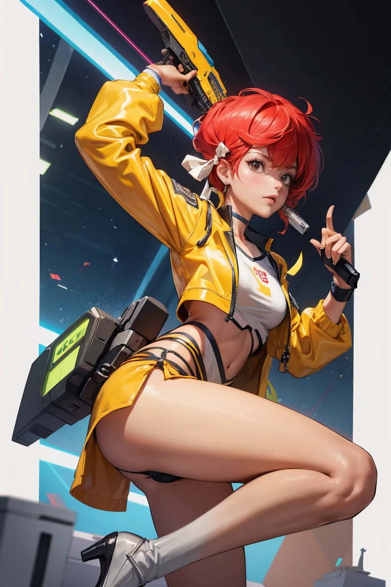 Kei de La pareja sucia, , usando un traje ajustado, escaso, pecho mediano, Belleza del cabello rojo, Fondo de la ciudad ciberpunk, sosteniendo una pistola espacial retro, venda, cintura delgada, muslos delgados, brecha del muslo, mostrar el vientre, uniforme amarillo claro, flaco