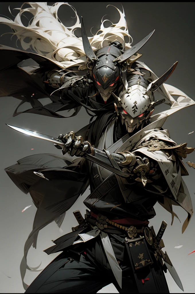 warrior,knife,samurai,Dance and fight,masterpiece,Watercolor style,high quality,Super detailed,mechanical,Black and white photography,MECA,