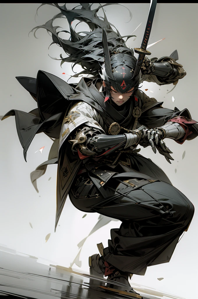 warrior,knife,samurai,Dance and fight,masterpiece,Watercolor style,high quality,Super detailed,mechanical,Black and white photography,MECA,