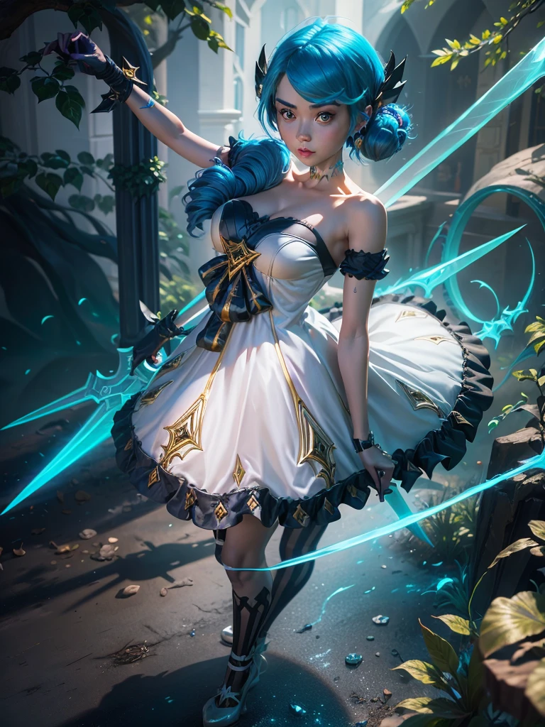 gwen \(league of legends\) holding her weapon in the form of scissors, energy needles around her, magical aura around the character.