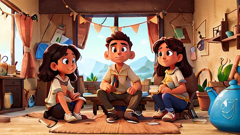 En un pueblo, a man and two women are sitting talking.