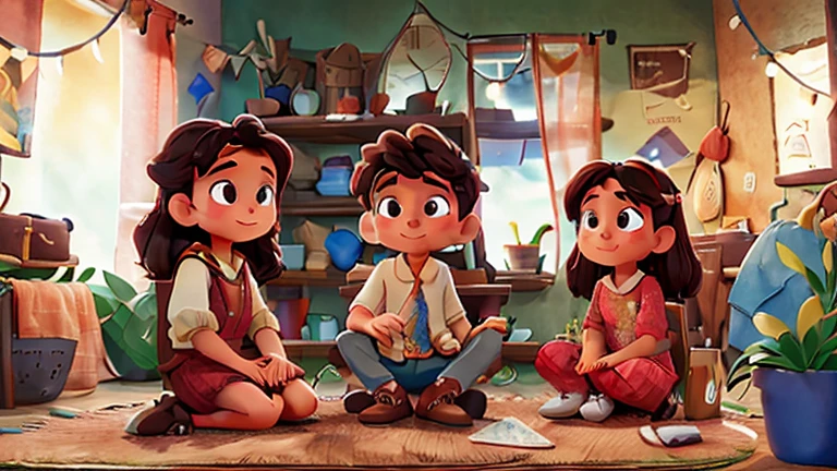 En un pueblo, a man and two women are sitting talking.
