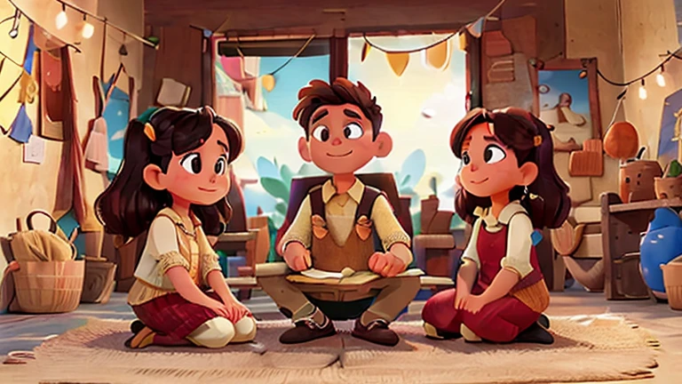 En un pueblo, a man and two women are sitting talking.