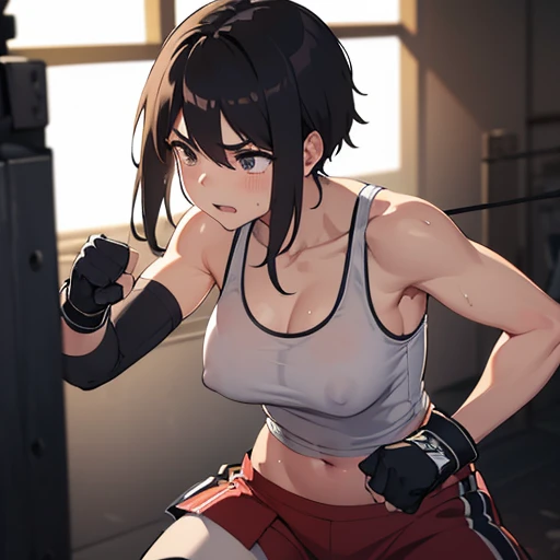 M beautiful female fighter, slamming her fist into a punching bag, working hard. Wounded all over. very sweaty. Torn and tattered tank top and spats, open finger gloves. Erect brown nipples. black hair.