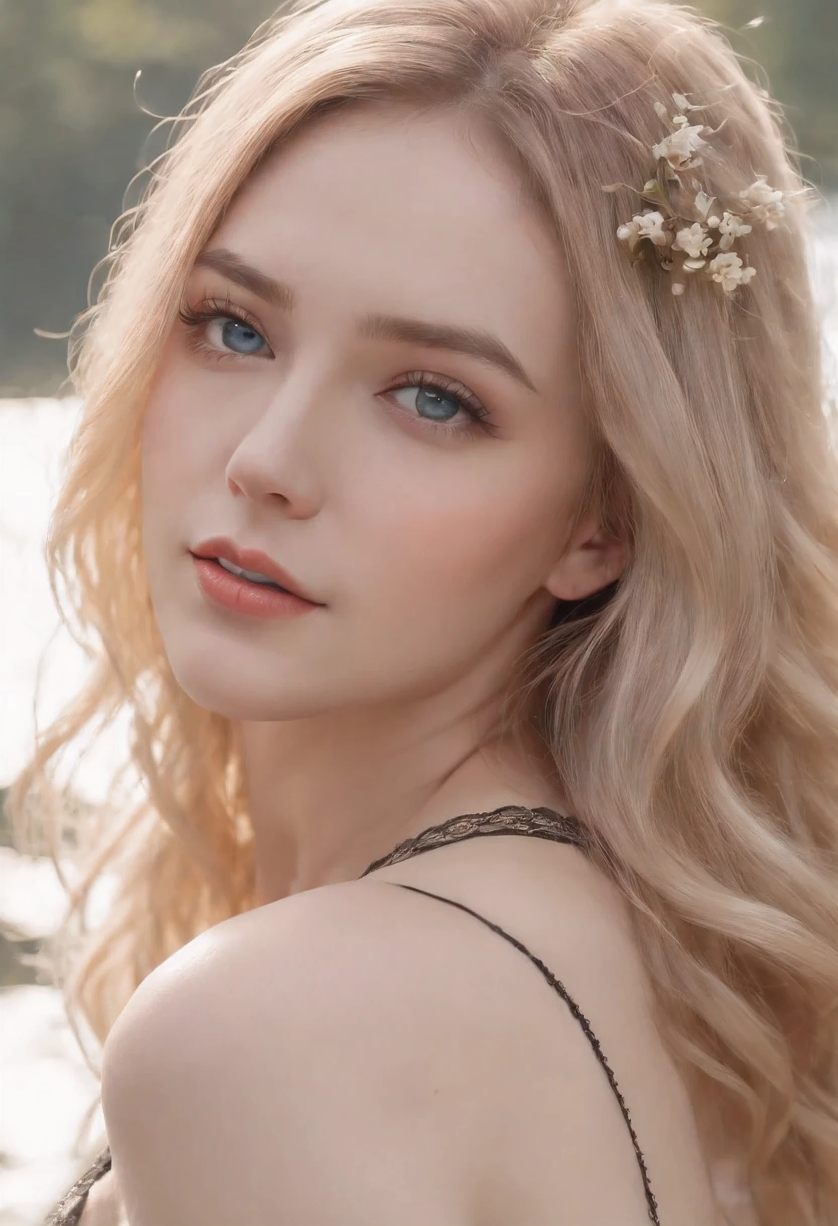 (1female, american, blonde hair, blue eyes, 20yr, female walking on the river), mix4, open_mouth, realistic, photo_(medium), solo, (luxury resort suite, big glass windows, silk pillows, classic metal vibrator in hand, black lace lingerie),(masterpiece),(photorealistic:1.3), ultra-detailed, (high detailed skin:1.2),(best quality:1.0), (ultra highres:1.0), (ulzzang-6500:0.3), wavy detailed hair, long dirty blonde hair, sunshine, (beautiful detailed makeup), (sexually aroused blushing heavy breathing:1.0), floral theme flower petals scattered, (soft glow bloom:0.5)