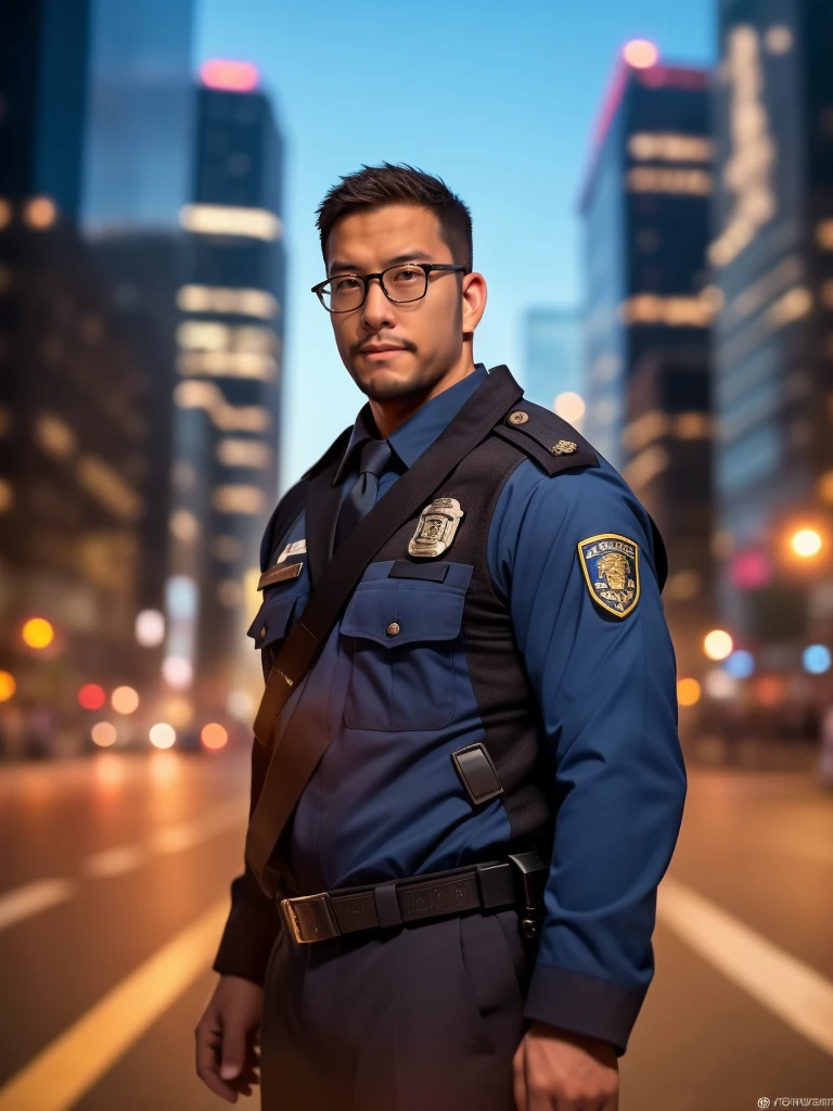 An award-winning original photo，a handsome 38-year-old man, crew cut, (((full body))), (((landscape))), mature man, [slightly fat], asian man, brown eyes, rounded face, glasses, slightly balding, 1boy, Solo, (big shoulders), (((stubbles, Short beard))), (Beautiful eyes:1.3), (Detailed face:1.3), wearing glasses, Dynamic Angle, volumetric lighting, (Best quality, A high resolution, Photorealistic), Cinematic lighting, Masterpiece, RAW photo, Intricate details, (extremely detailed 8k wallpaper), masterpiece 16k photo,  Create a realistic image of a police officer performing his patrol duties. The scene should be ultra-realistic, with a high level of detail in the officer and the surrounding environment. The officer's alertness should add a serious element to the scene. The lighting should be bright and direct, illuminating the scene and casting dramatic shadows. The colors should be a mix of the cool blues and blacks of the officer's uniform, the colors of the cityscape, and the natural hues of the day. The composition should be a close-up shot of the officer, with the cityscape visible in the background. Use a high-resolution camera with a fast shutter speed to capture the action, landscape