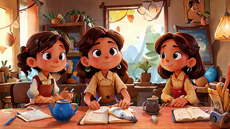 En un pueblo, a man and two women are sitting around a table and talking.