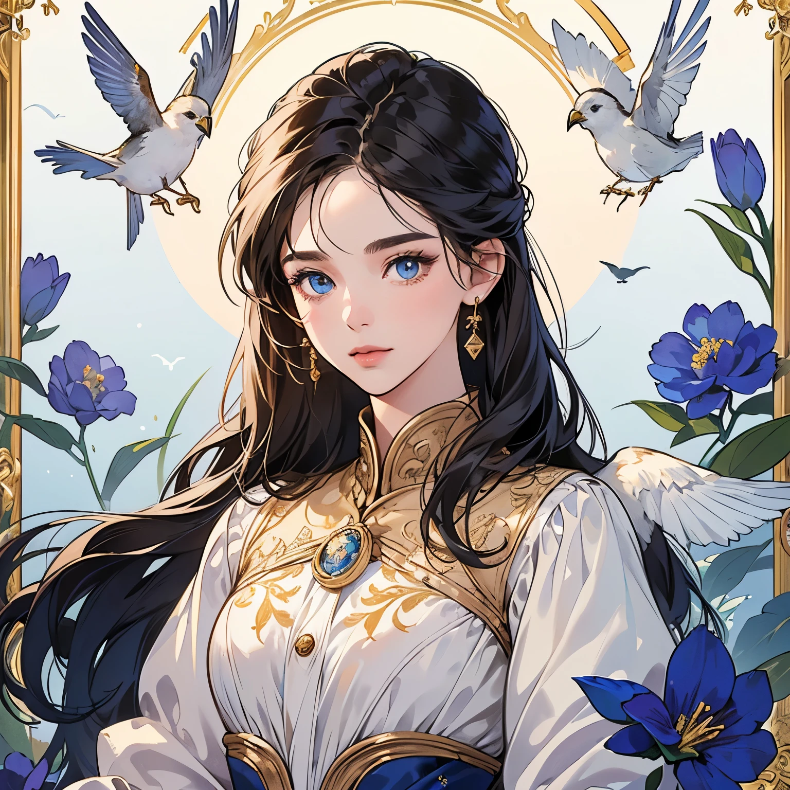 Best quality, 1 bird, logo, background white only, emblem, 14k, intricate and detailed, frame,  (((1 woman and bird))), detailed fur, sparkling eyes, corporate logo, golden, panoramic, long shot, front, blue flowers, Upper body, looking at viewer,  beautiful goddess, Very detailed hair, small breasts