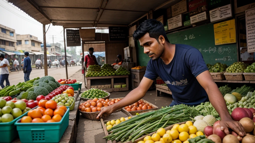 A young man bargaining at a vegetable vendor's shop